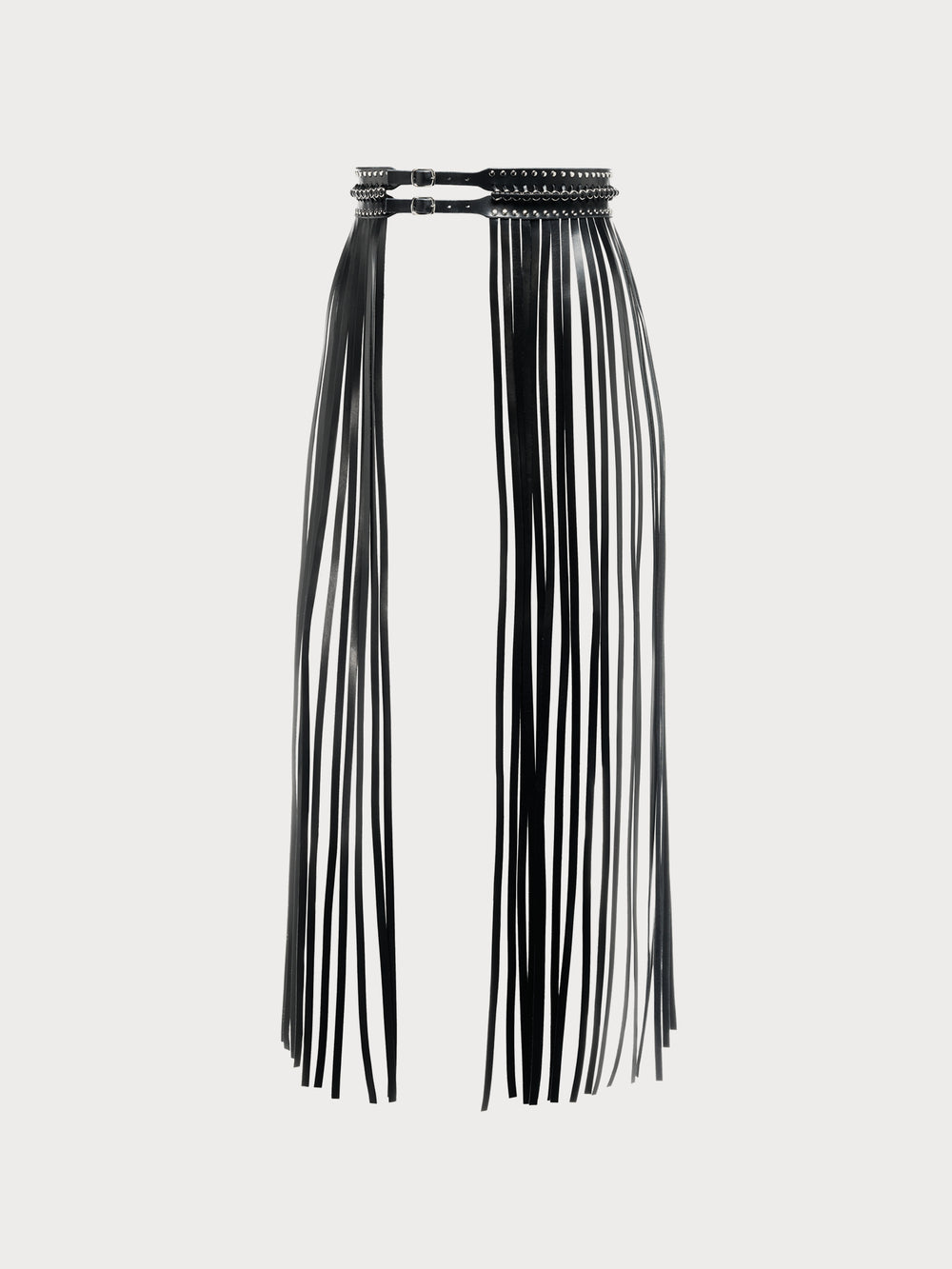 handmade black yvy long fringe belt with silver hardware and long leather strips