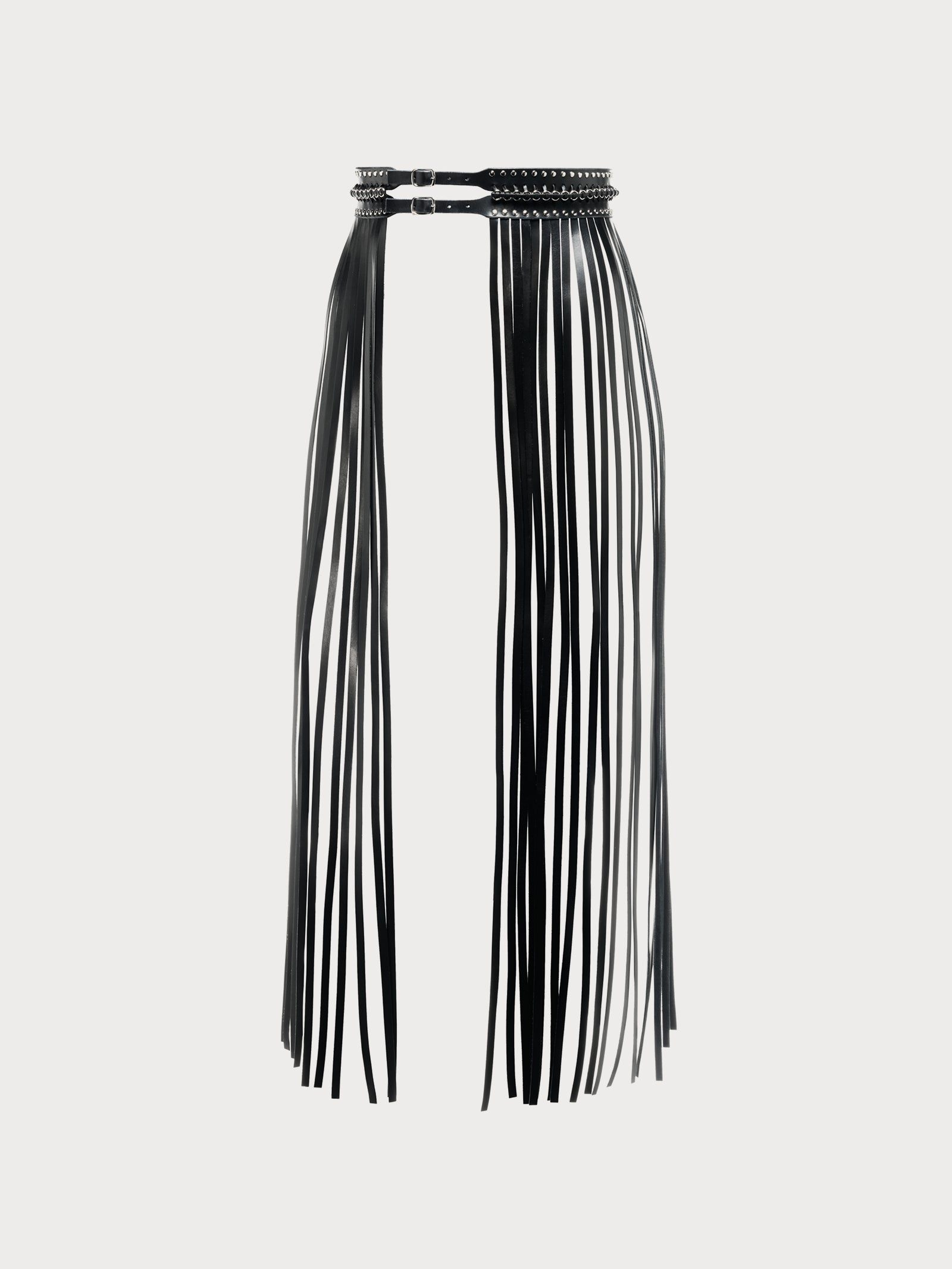 handmade black yvy long fringe belt with silver hardware and long leather strips