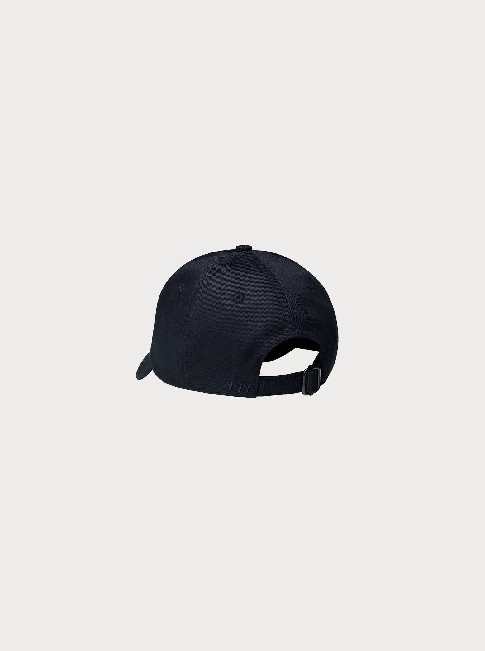 classic six-panel yvy cap with adjustable back, black metal buckle and black embroidery, back view