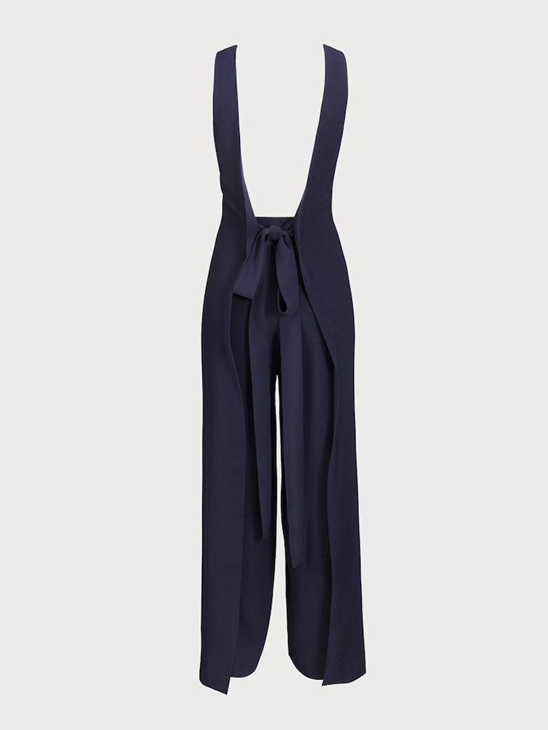 yvy sleeveless navy blue jumpsuit with plunge back, back view