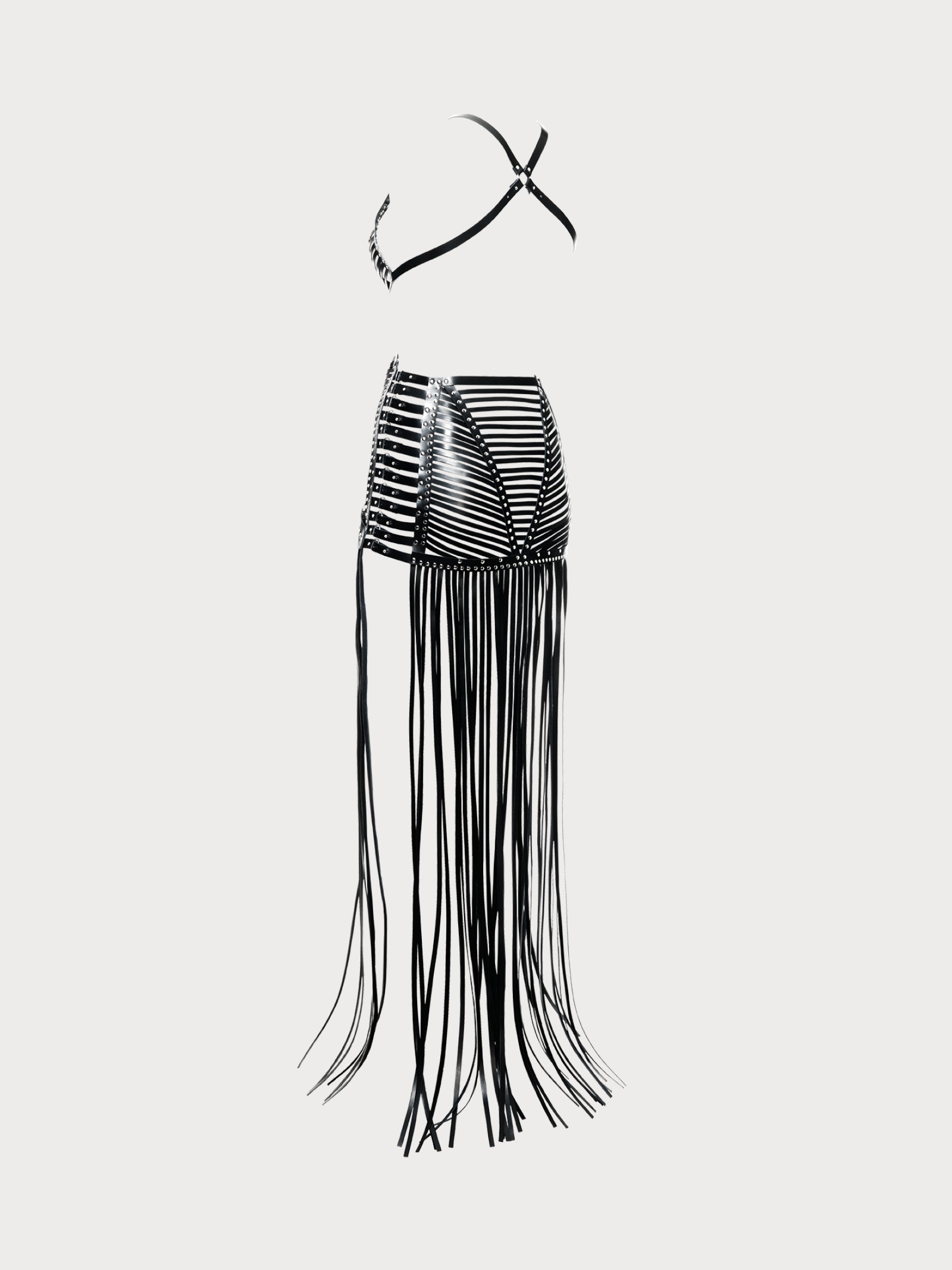 a handmade black yvy leather dress made with leather straps, back view