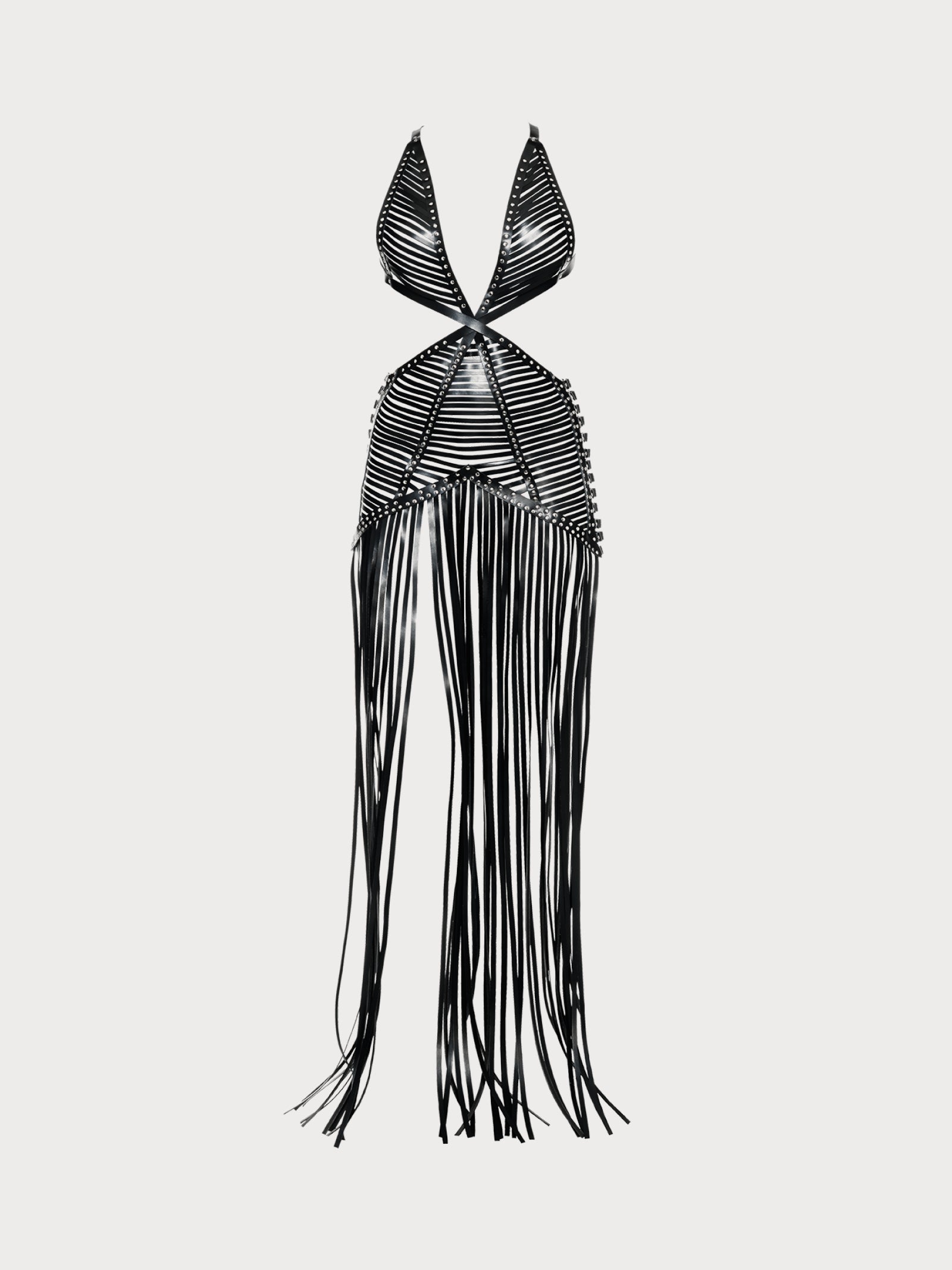 a handmade black yvy leather dress made with leather straps