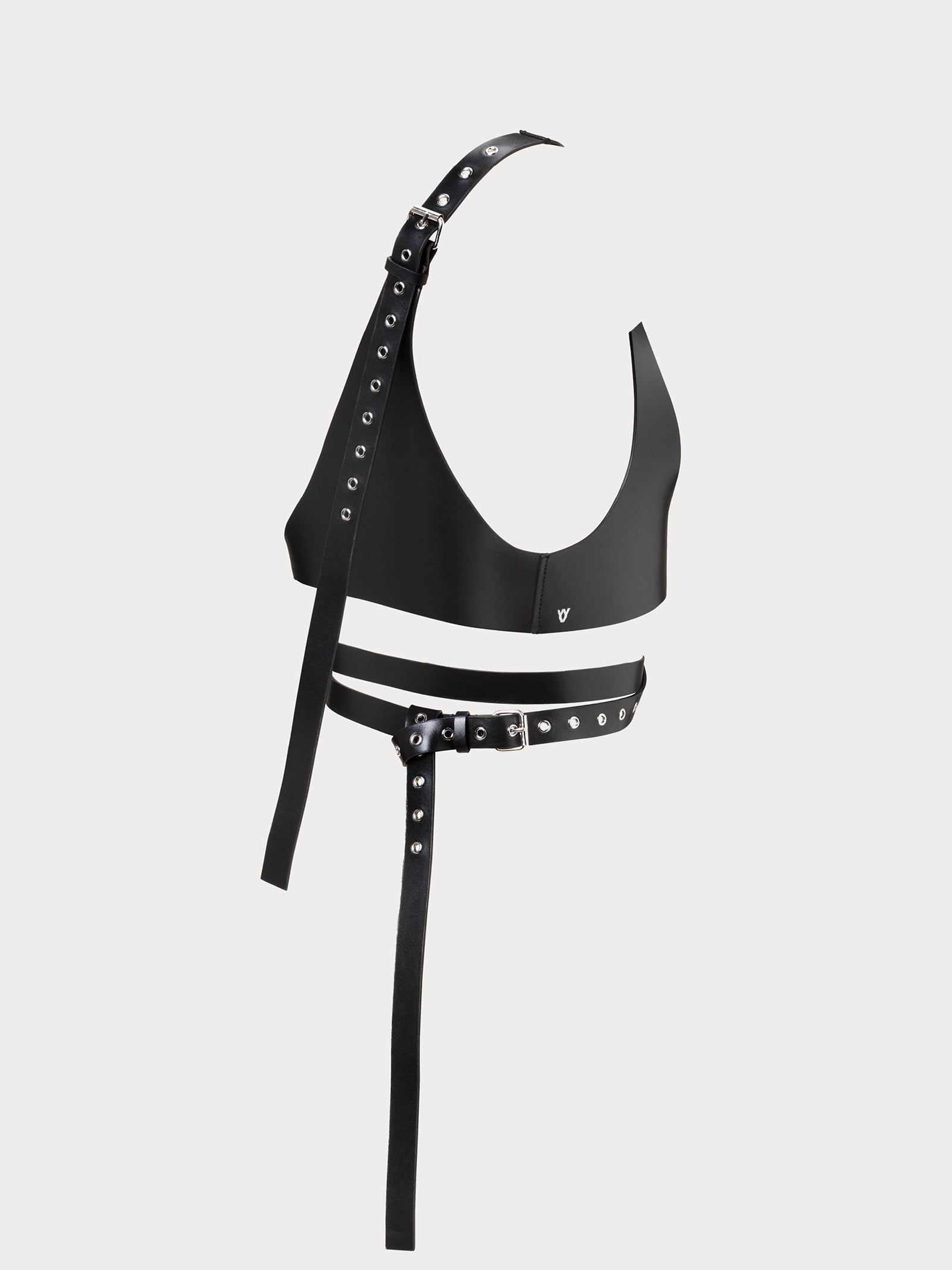 black leather asymmetric wrap body piece with silver hardware side view