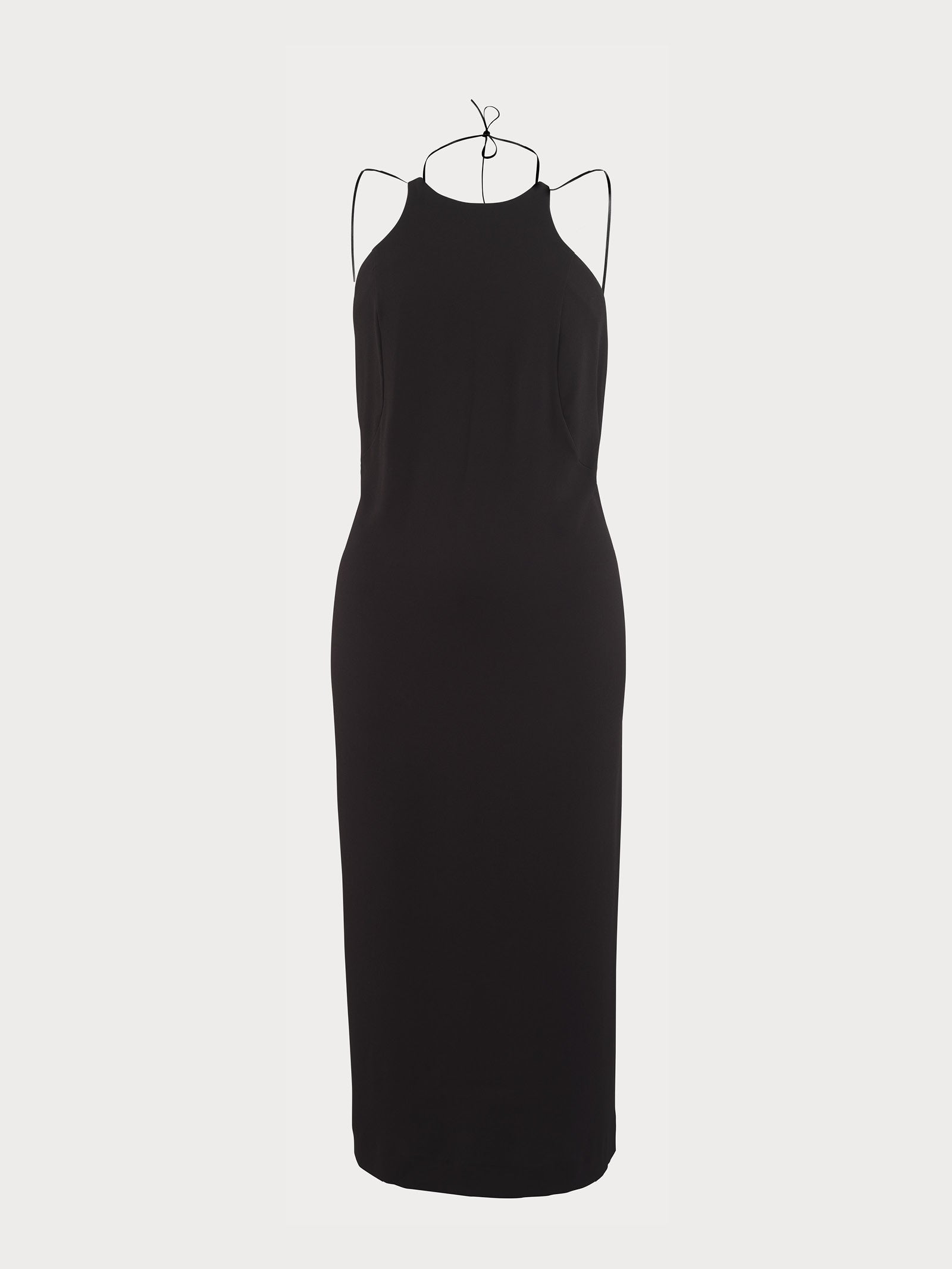 A black midi yvy dress featuring high neck halter design, thin spaghetti straps and a sleek body-contouring silhouette