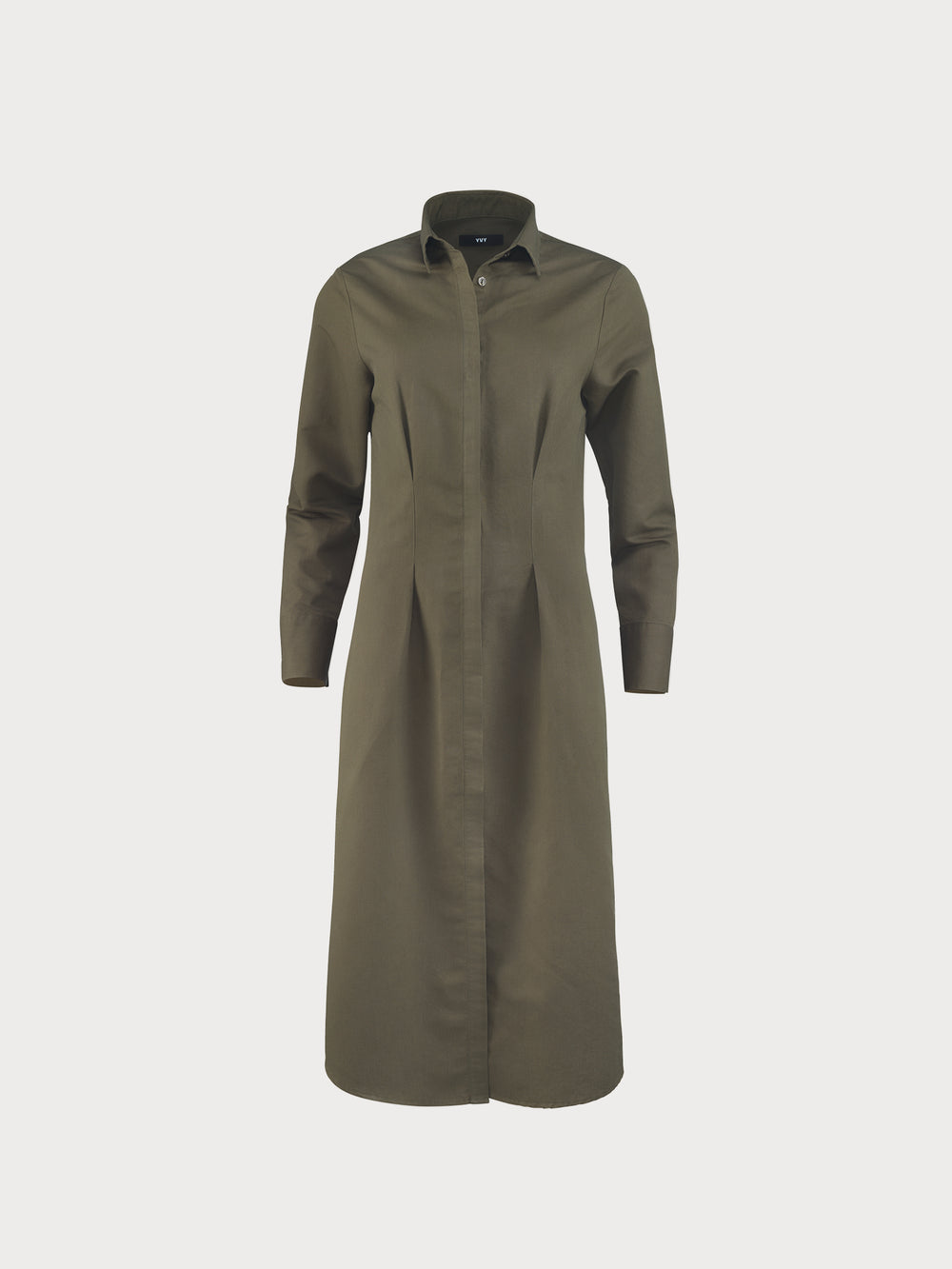Olive green long-sleeve yvy shirt dress with a button-up front, classic colar, and tailored fit. The calf-length dress features a minimalist design, displayed on a plain background.
