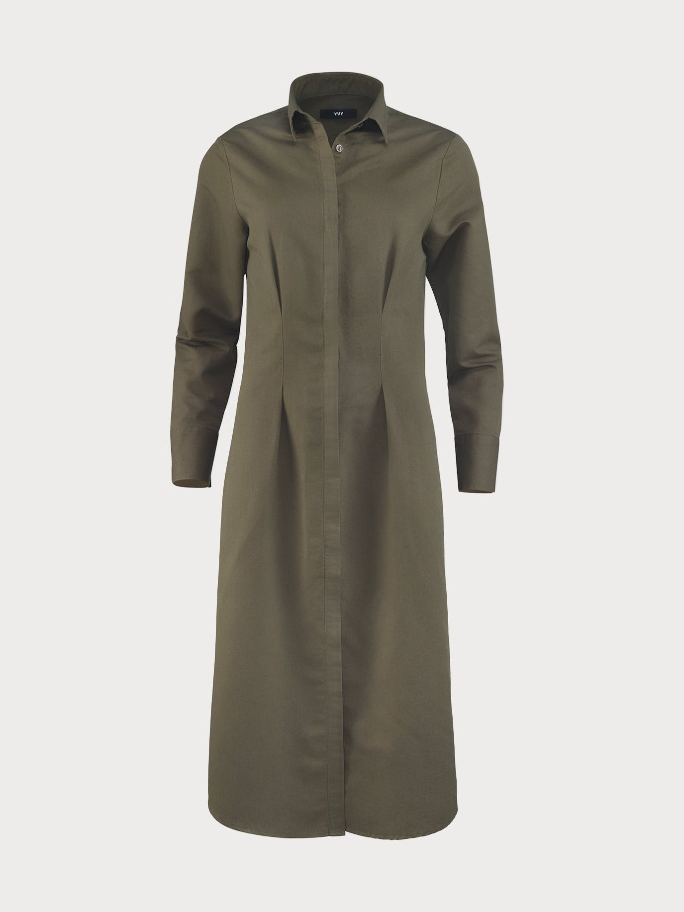 Olive green long-sleeve yvy shirt dress with a button-up front, classic colar, and tailored fit. The calf-length dress features a minimalist design, displayed on a plain background.