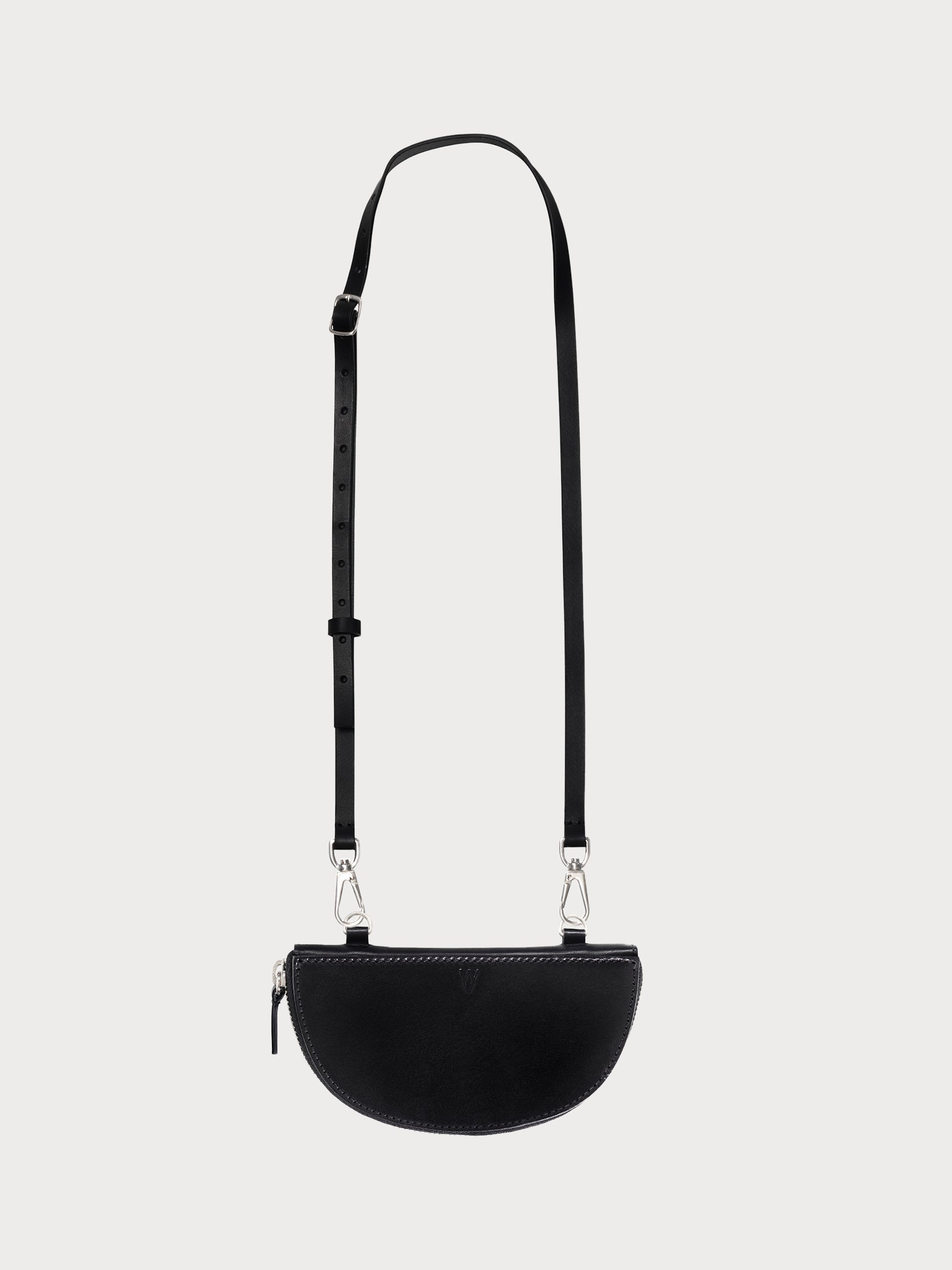 black yvy leather half moon pouch with shoulder strap, silver hardware