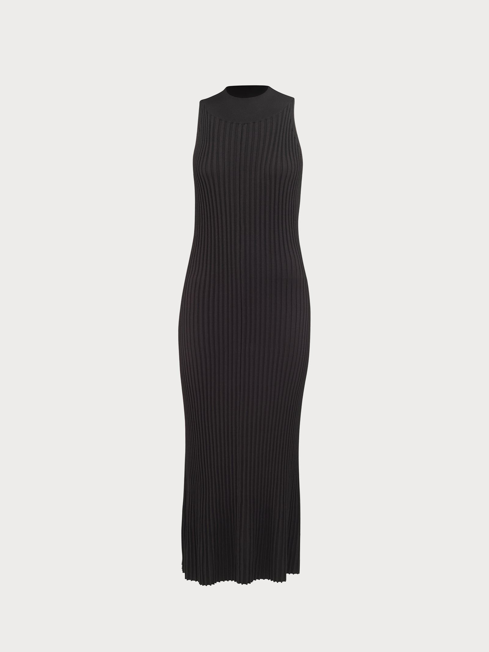 Black ribbed sleeveless maxi dress with a high neckline displayed on a plain background