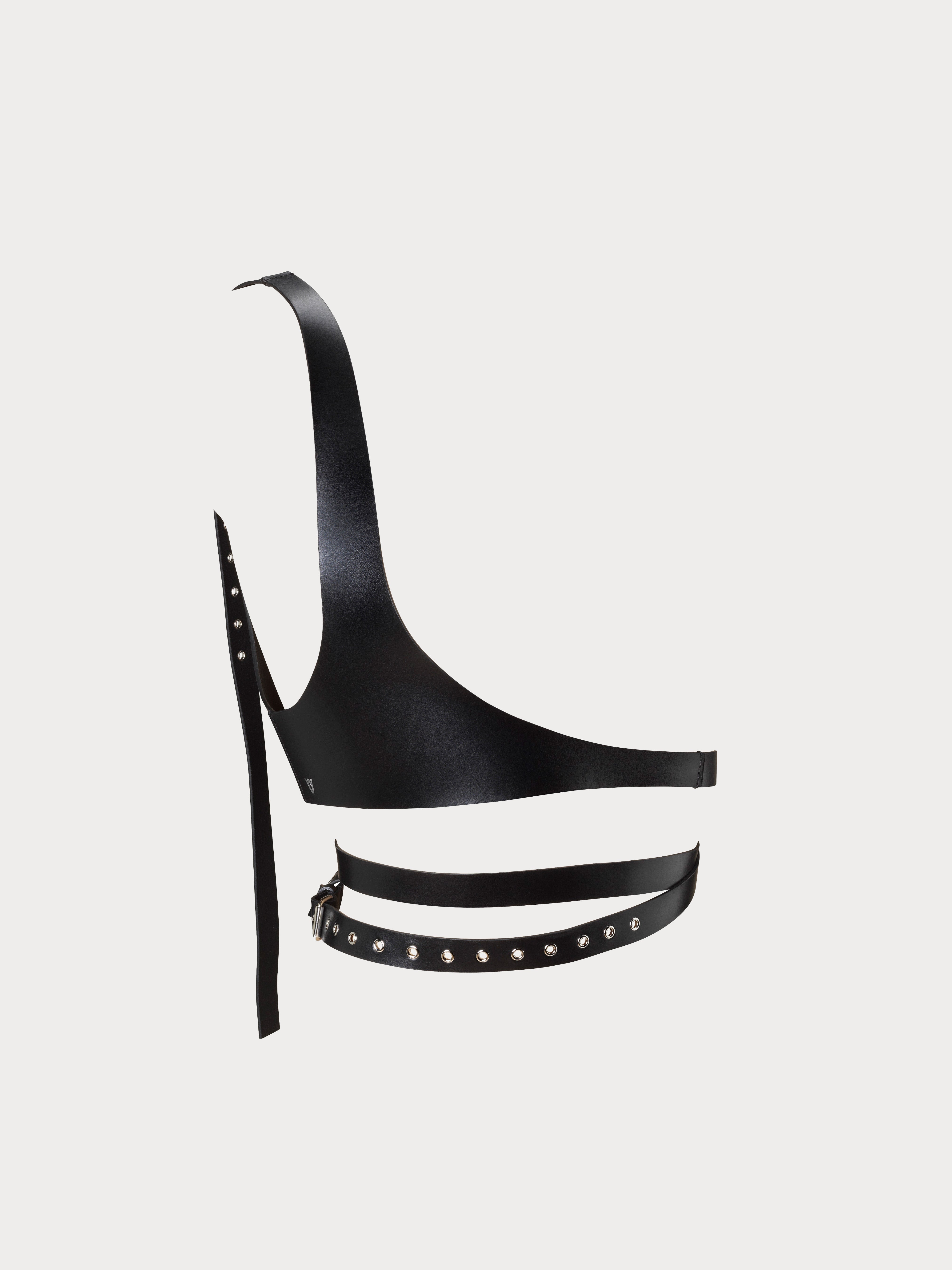 asymmetric leather body piece product picture from the front