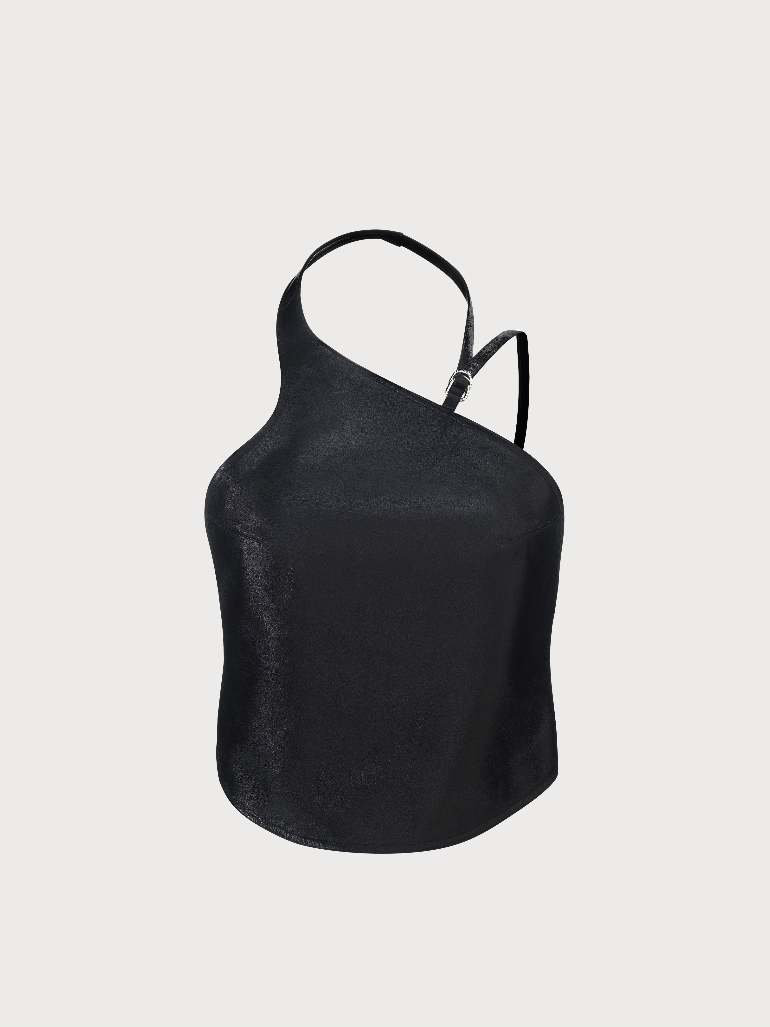black yvy leather halter neck top with thin leather straps