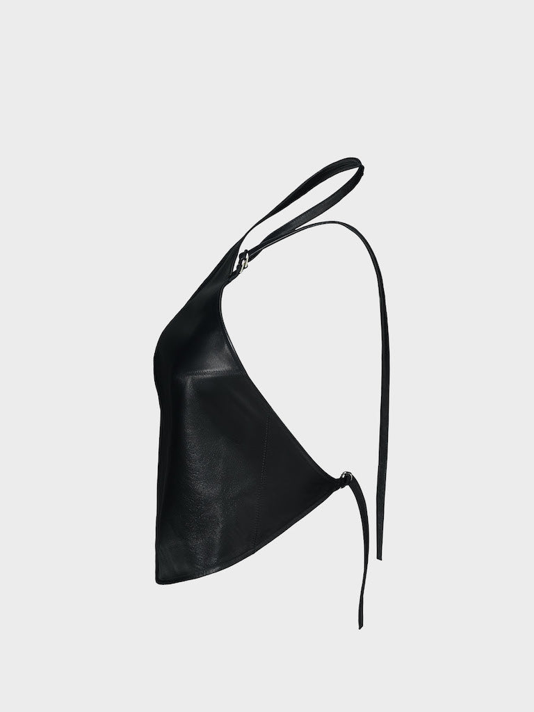 black yvy leather halter neck top with thin leather straps, side view