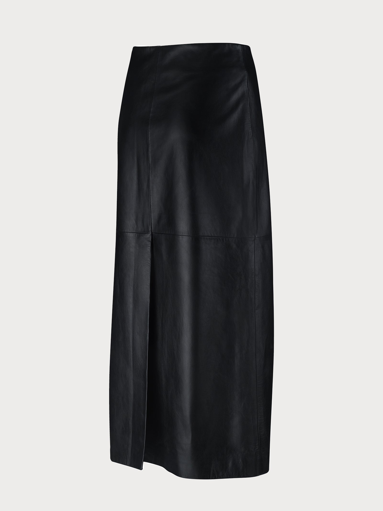 Breathable buttery-soft lamb leather straight pencil maxi skirt with a-line on a light gray background