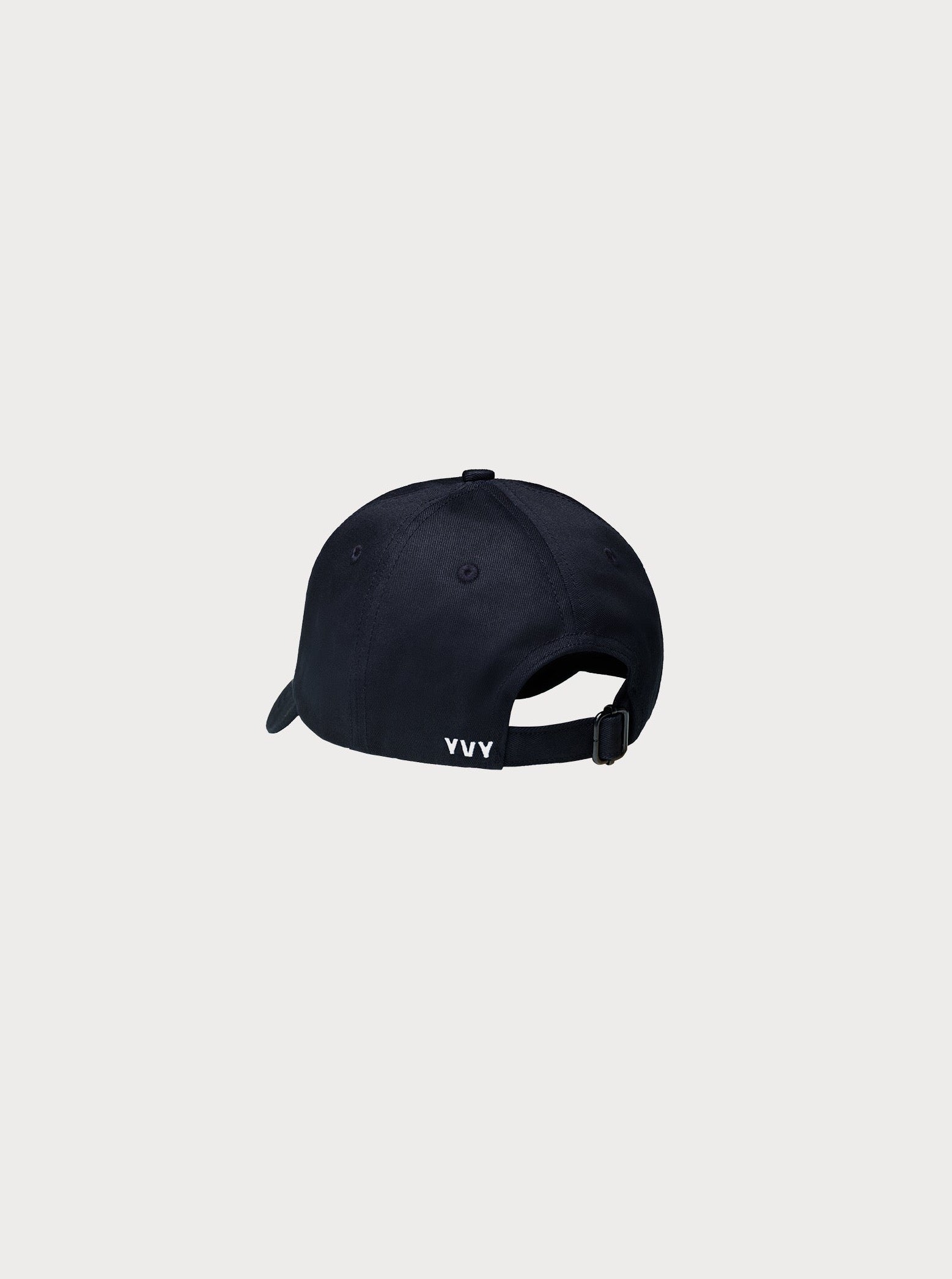 classic six-panel yvy cap with adjustable back, black metal buckle and white embroidery, back view
