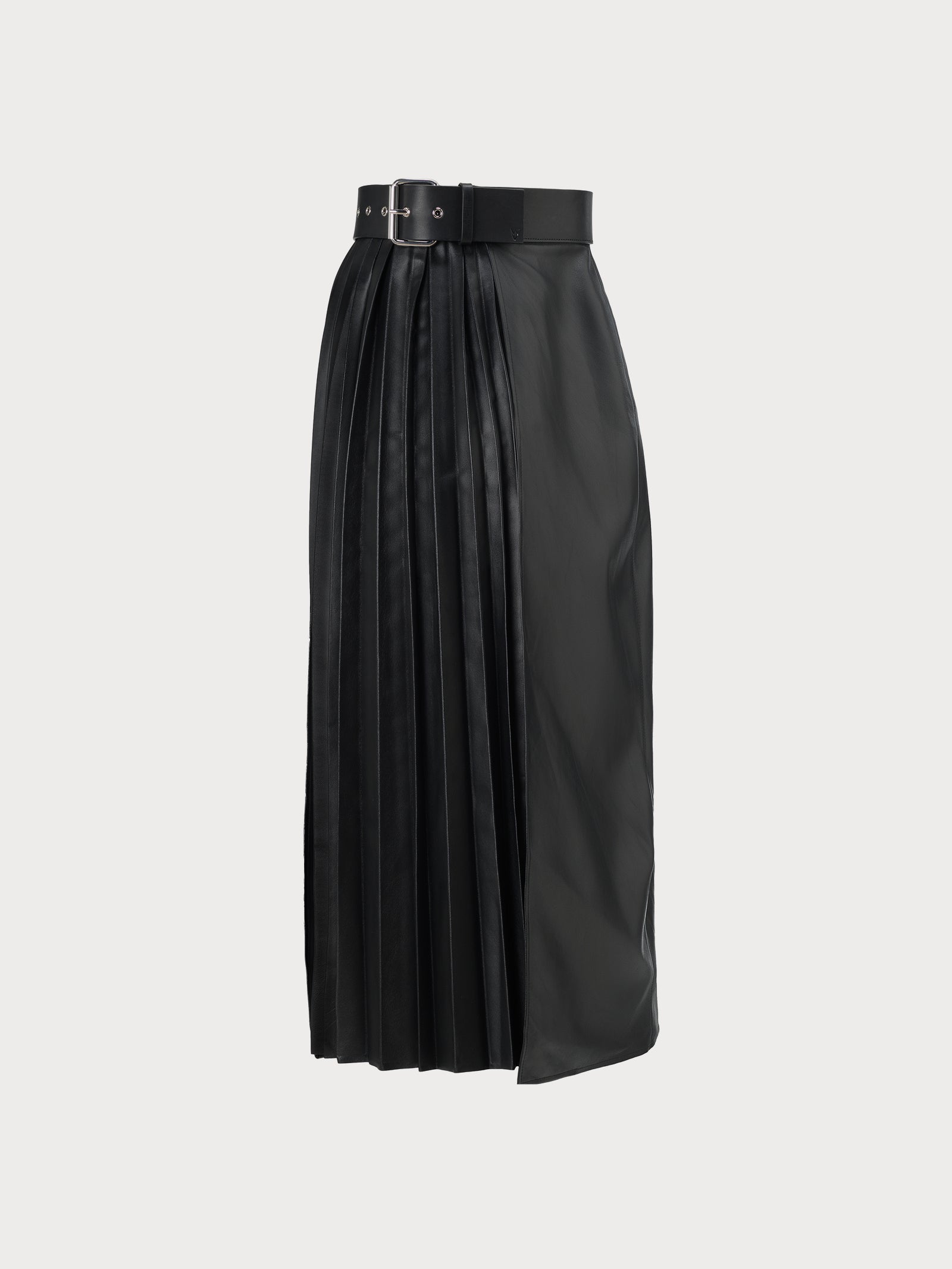 black midi leather yvy skirt featuring plisse leather detail and a buckle with silver hardware