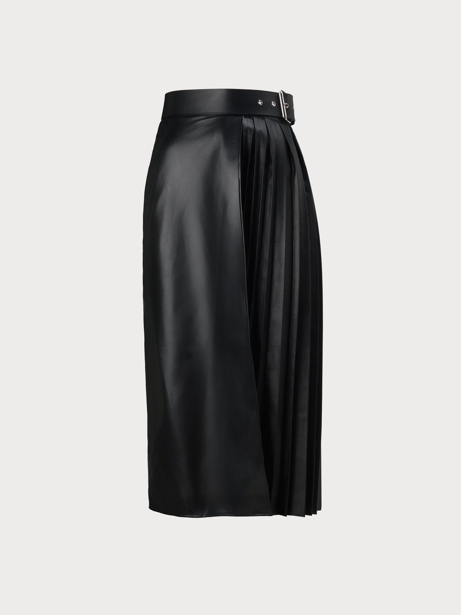 black midi leather yvy skirt featuring plisse leather detail and a buckle with silver hardware