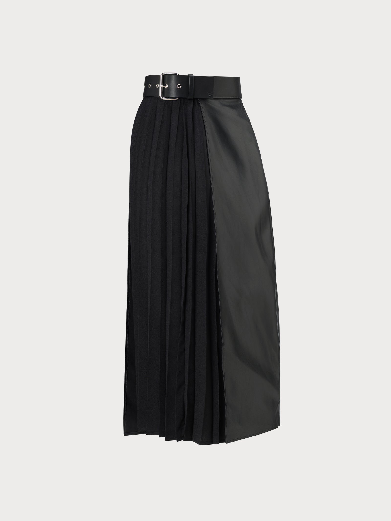 black midi leather yvy skirt featuring plisse fabric detail and a buckle with silver hardware