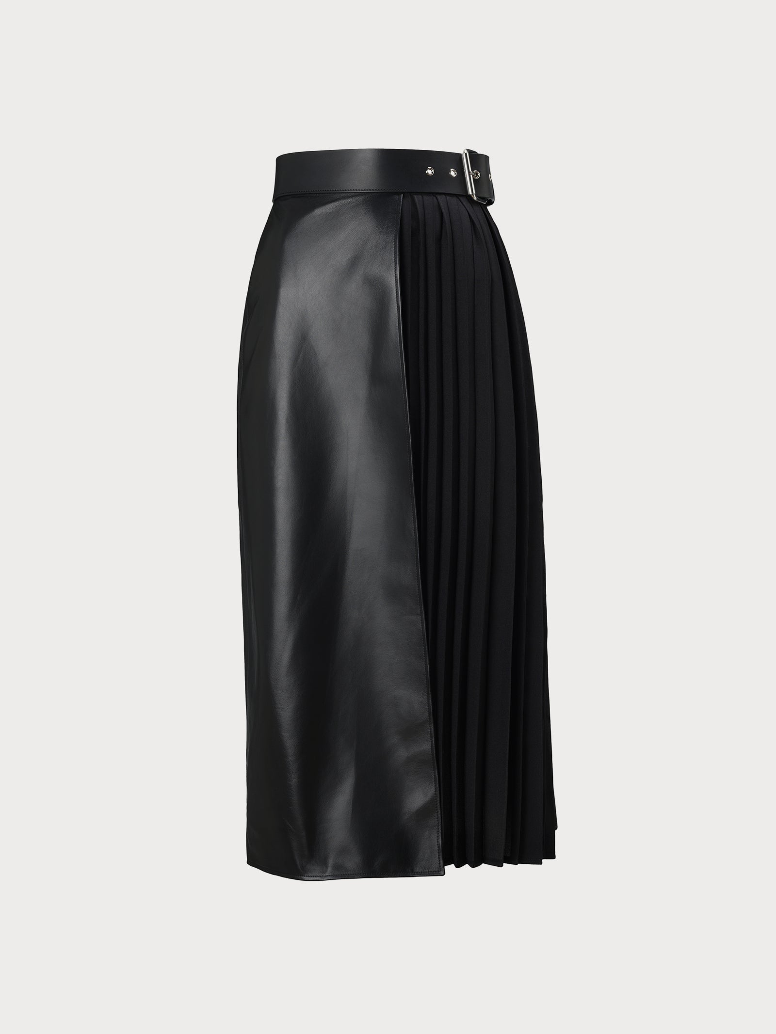 black midi leather yvy skirt featuring plisse fabric detail and a buckle with silver hardware