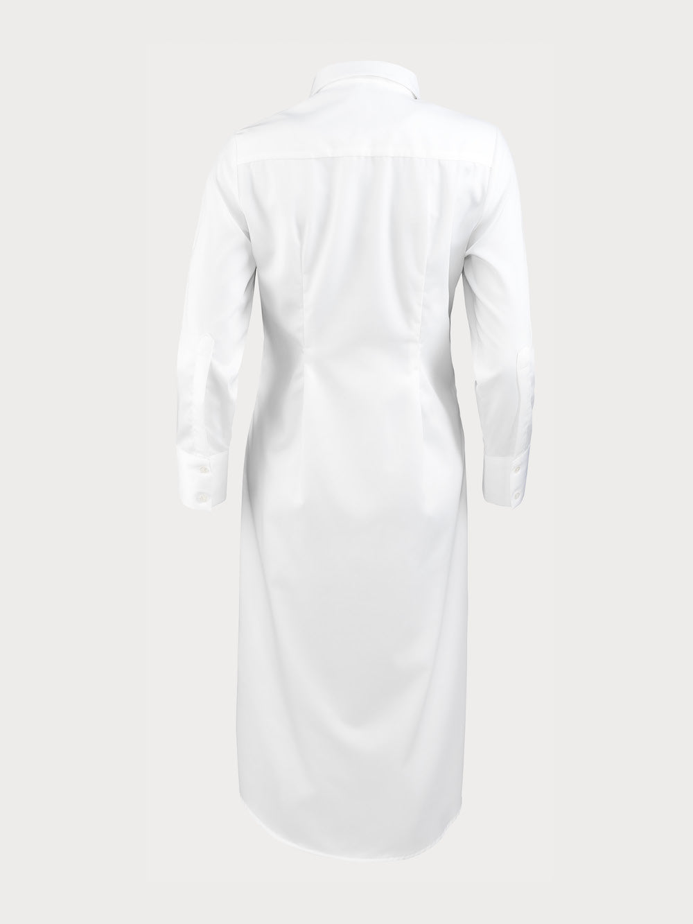 Back view of a long white yvy cotton shirt, featuring a classic collar and long sleeves, displayed against a plain background