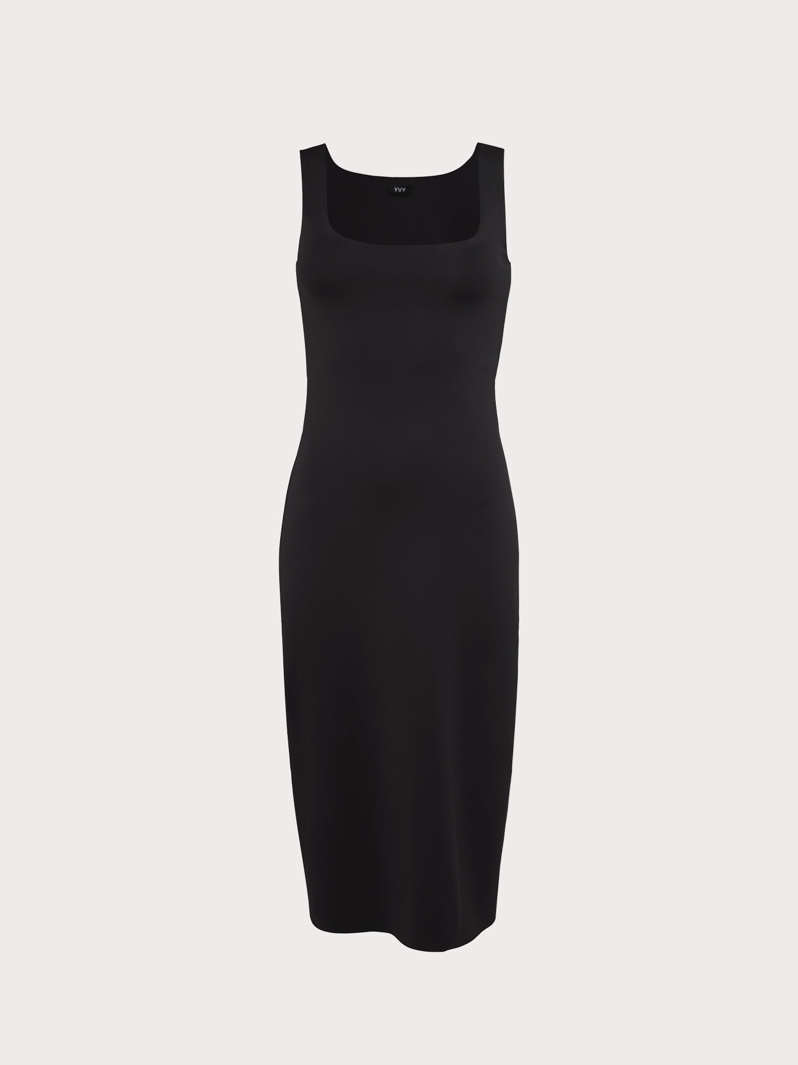 Black sleek square neck midi dress  displayed on a plain background.