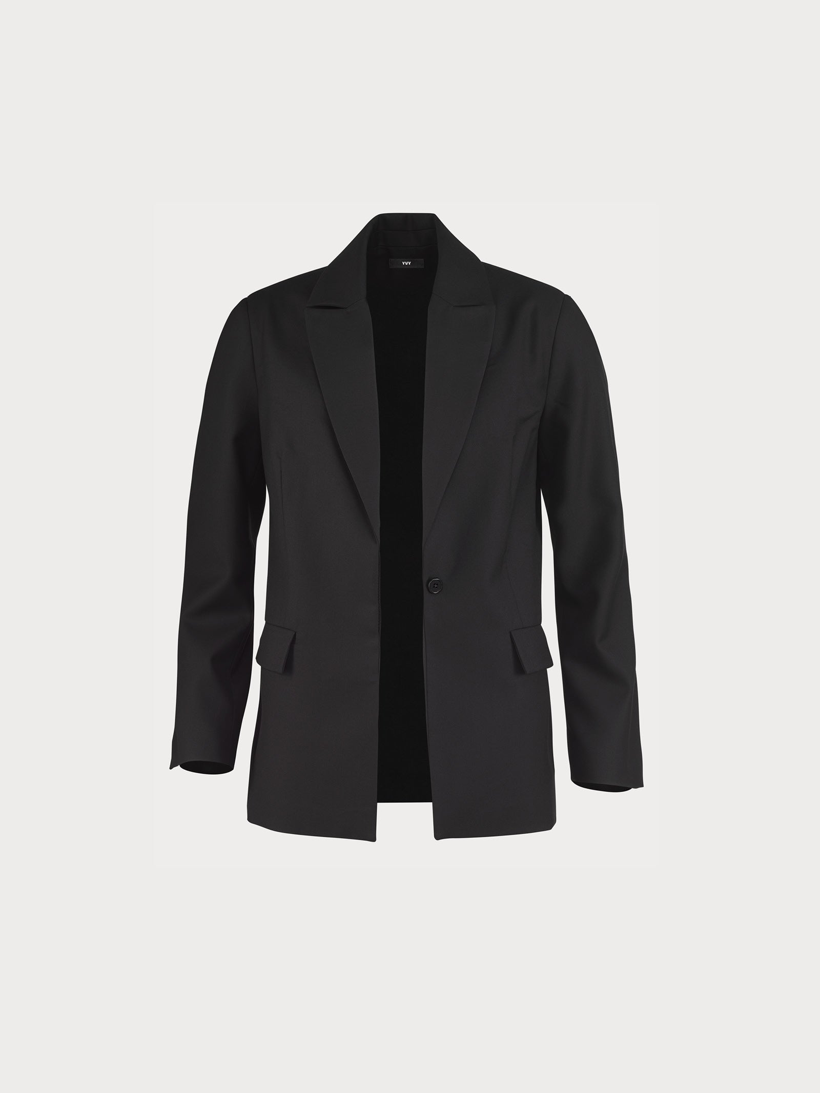 Classic black single-button yvy blazer with notched lapels and flap pockets, featuring a tailored slightly oversized fit and clean-lined silhouette