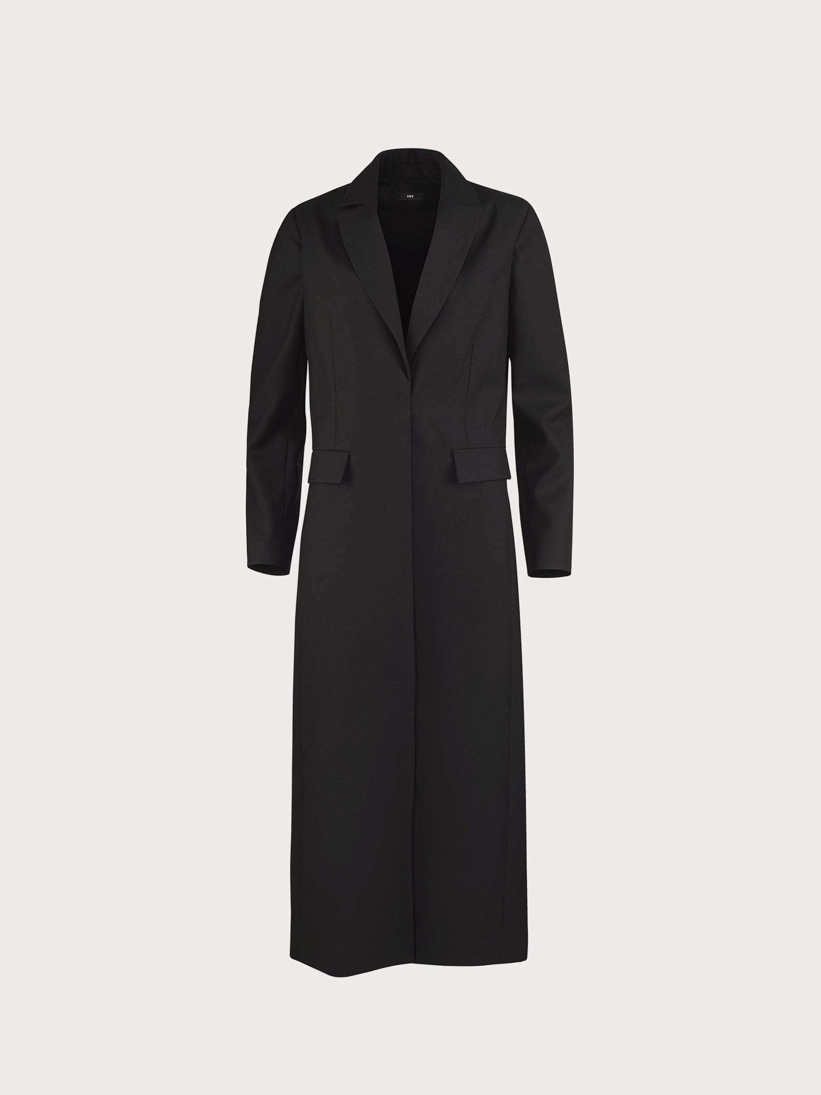 Front view of a long black tailored yvy suit coat with a structured silhouette, featuring minimalist design and a classic notch lapel collar