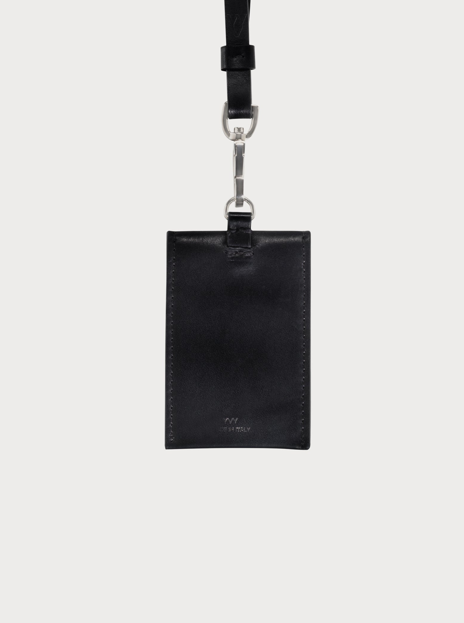 back view of yvy black leather card wallet attached to minimalist keychain