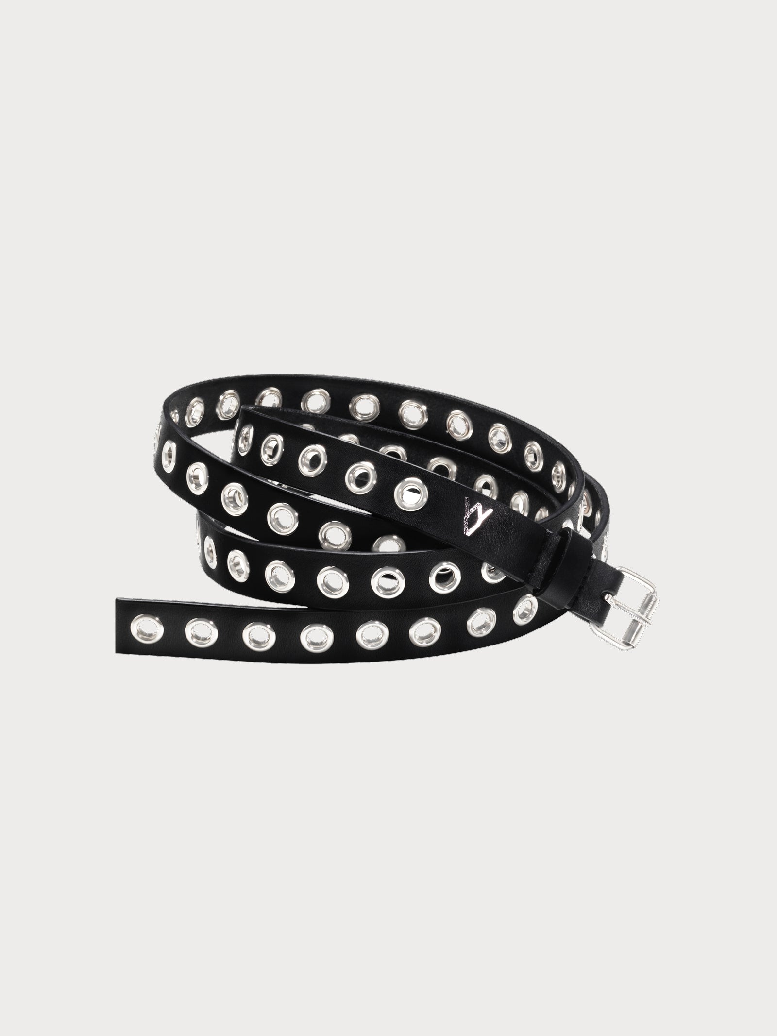 thin black yvy eyelet belt with silver hardware