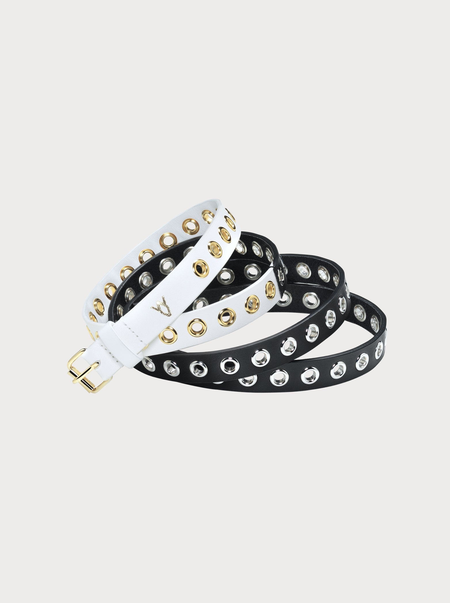 thin two-tone black and white yvy leather eyelet belt with silver and gold hardware