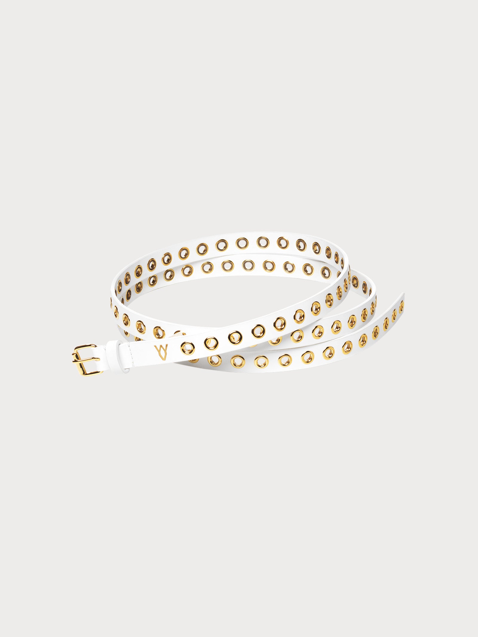 thin white yvy eyelet belt with gold hardware