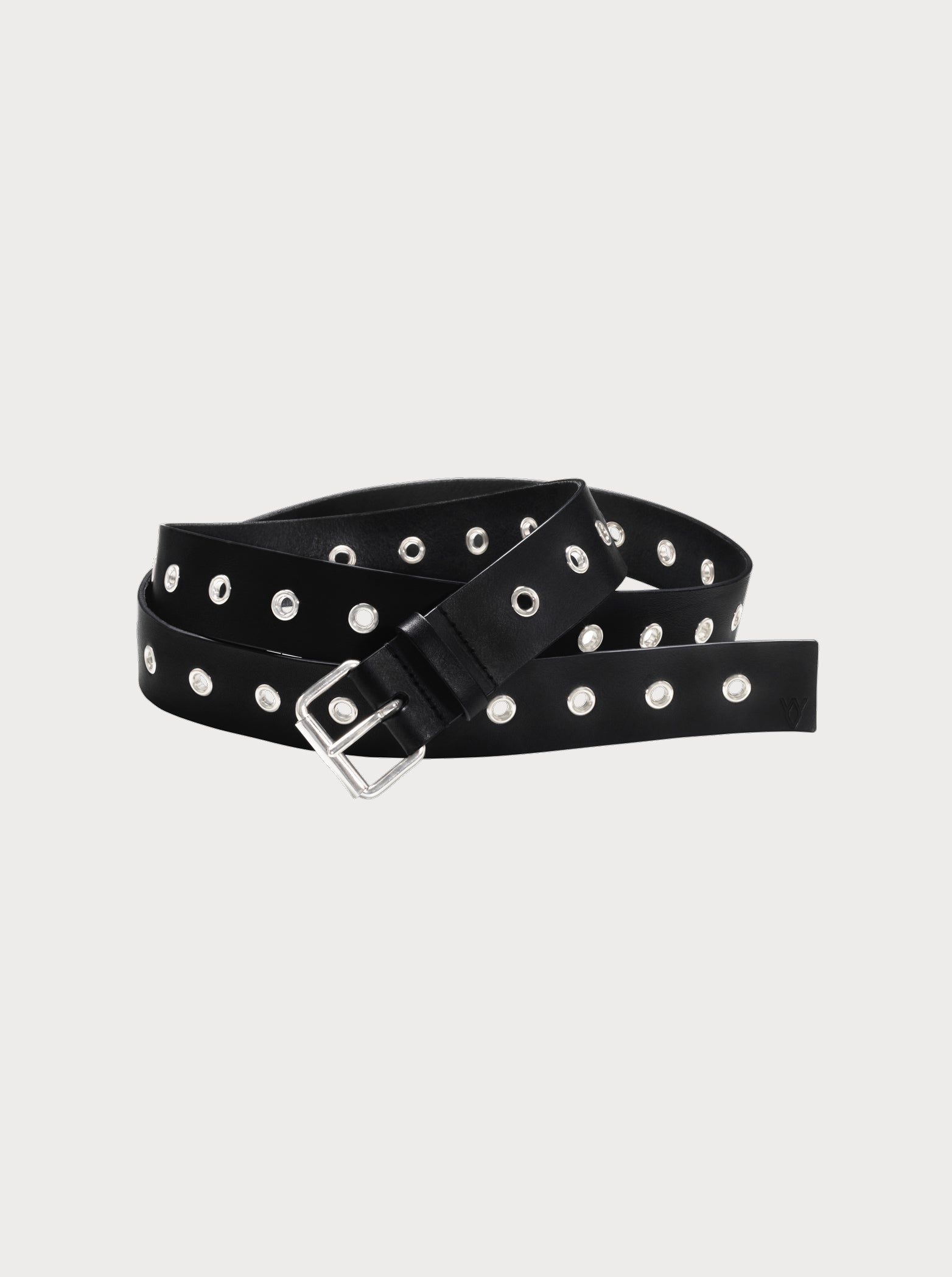 wide black yvy belt with silver hardware and eyelets