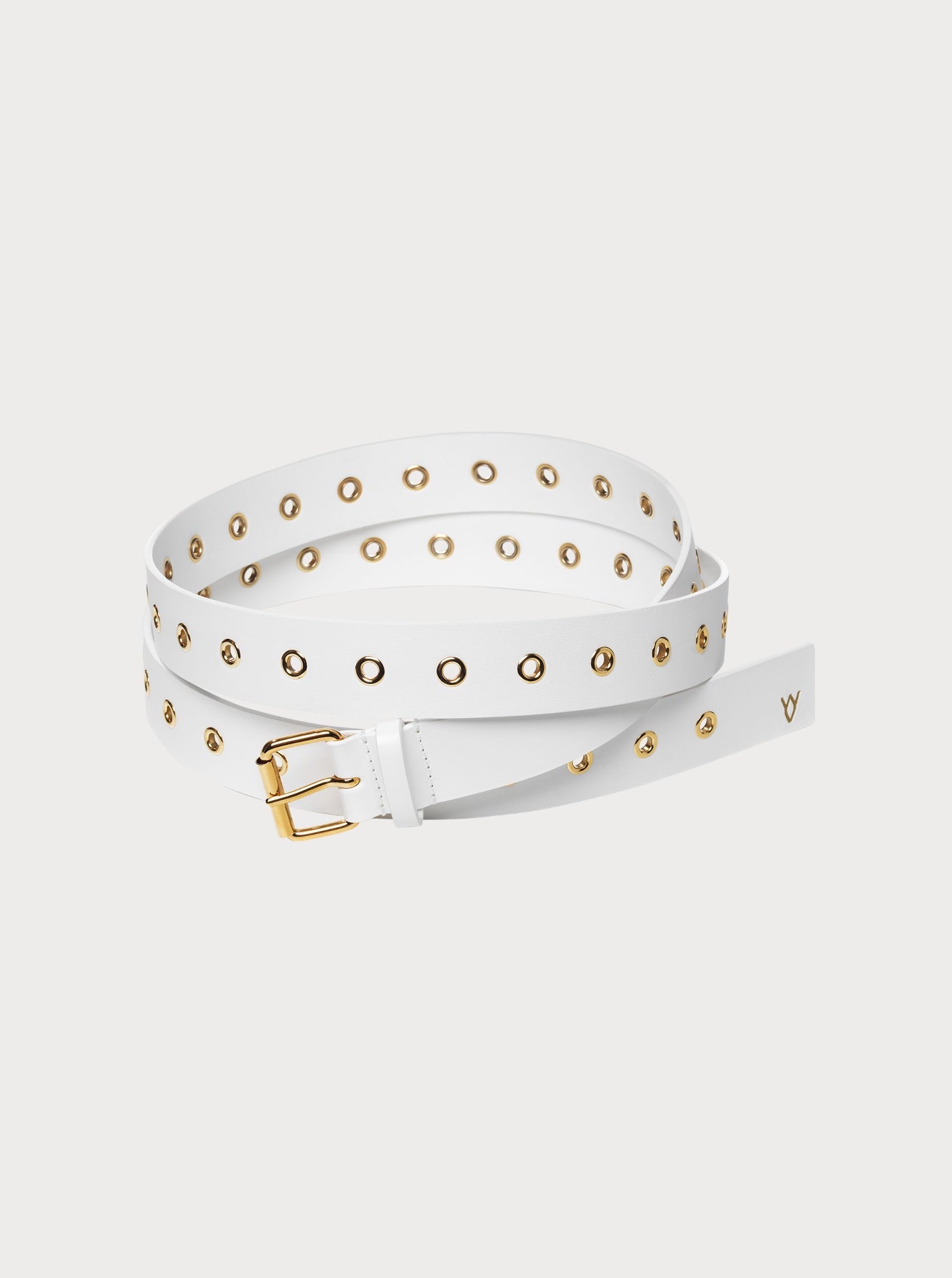 white yvy eyelet belt with gold hardware