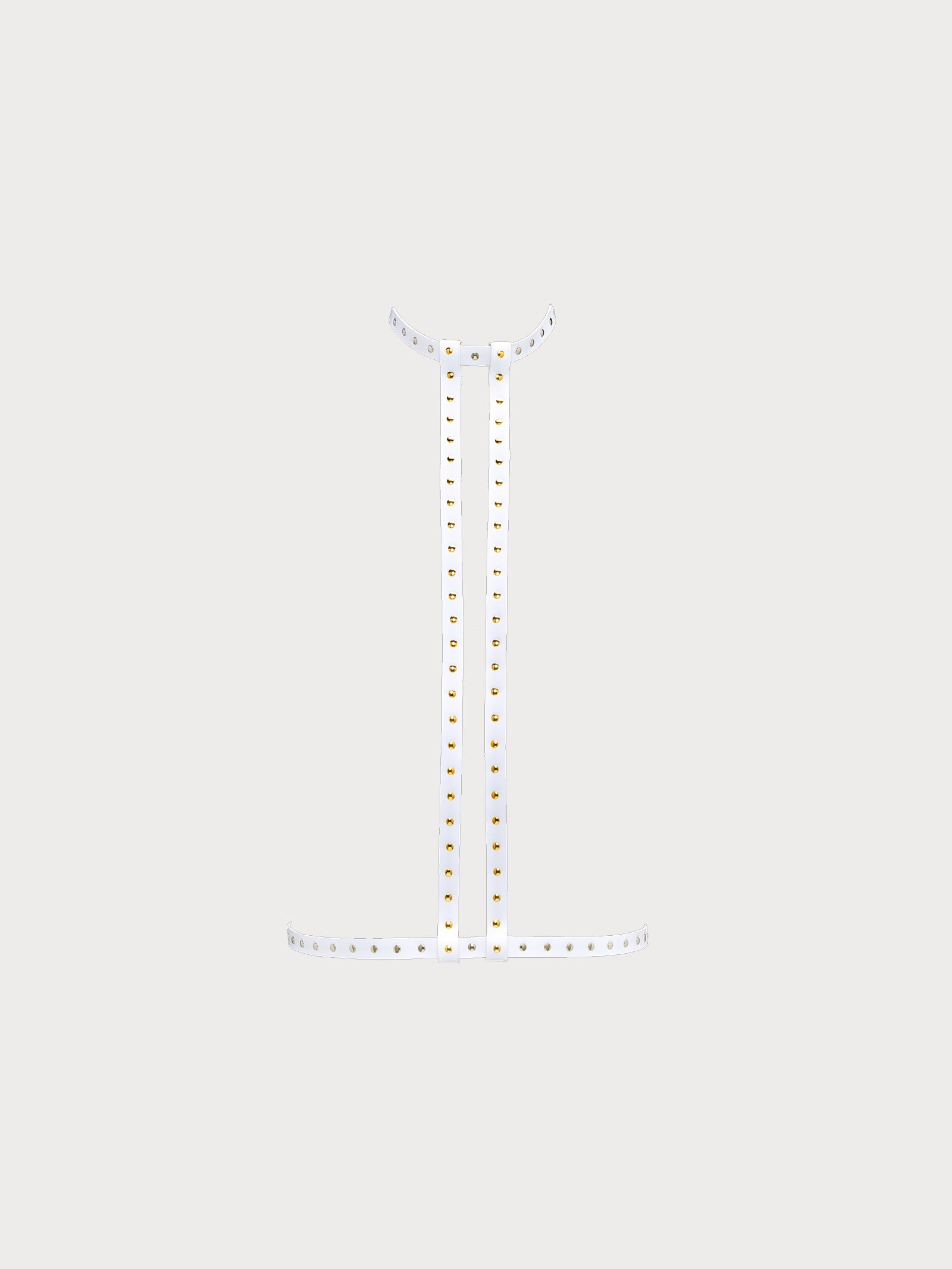 front view of yvy leather minimalist harness two tone in white with two vertical straps in the middle