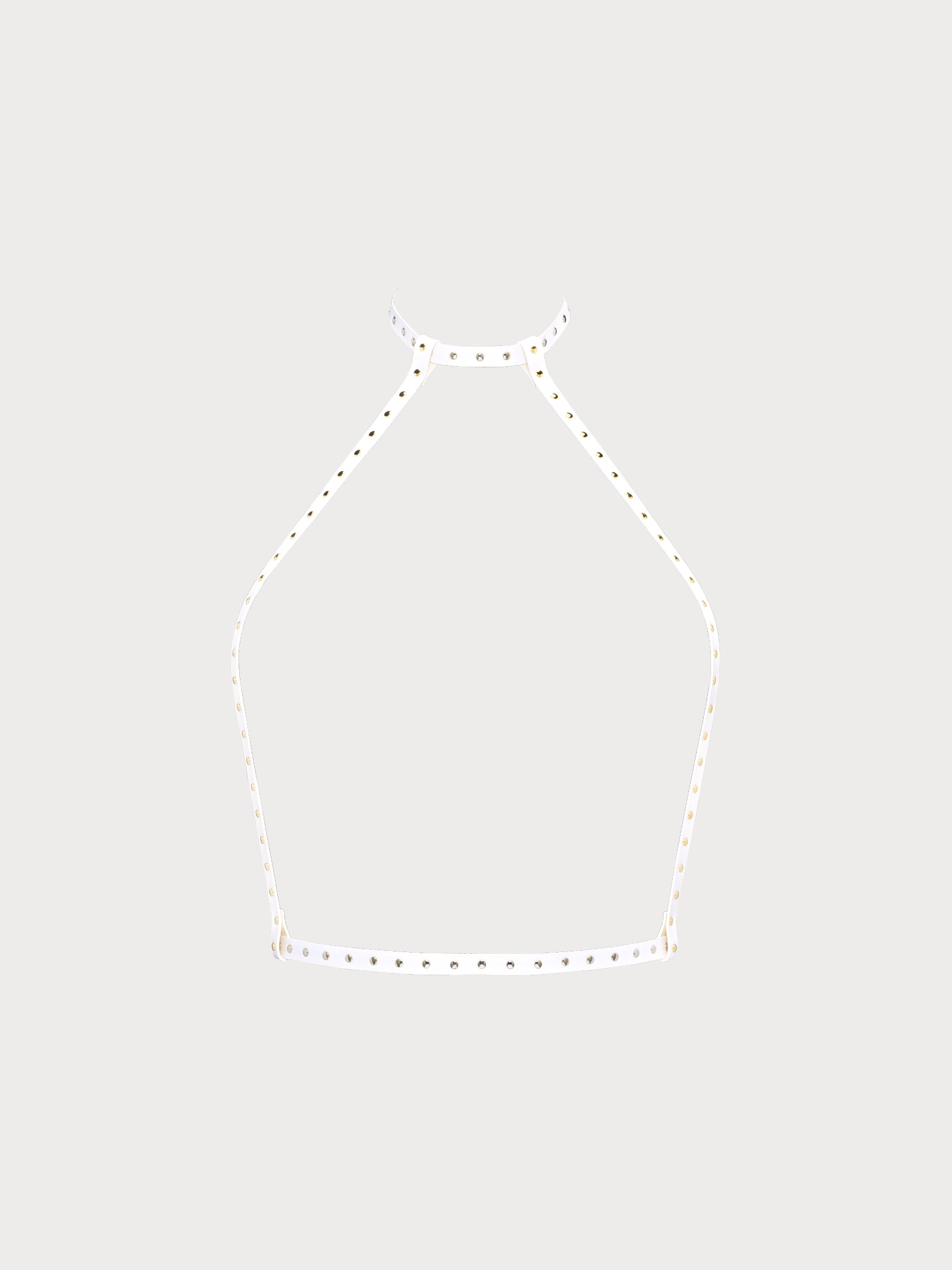 front view of yvy leather minimalist harness two tone in white