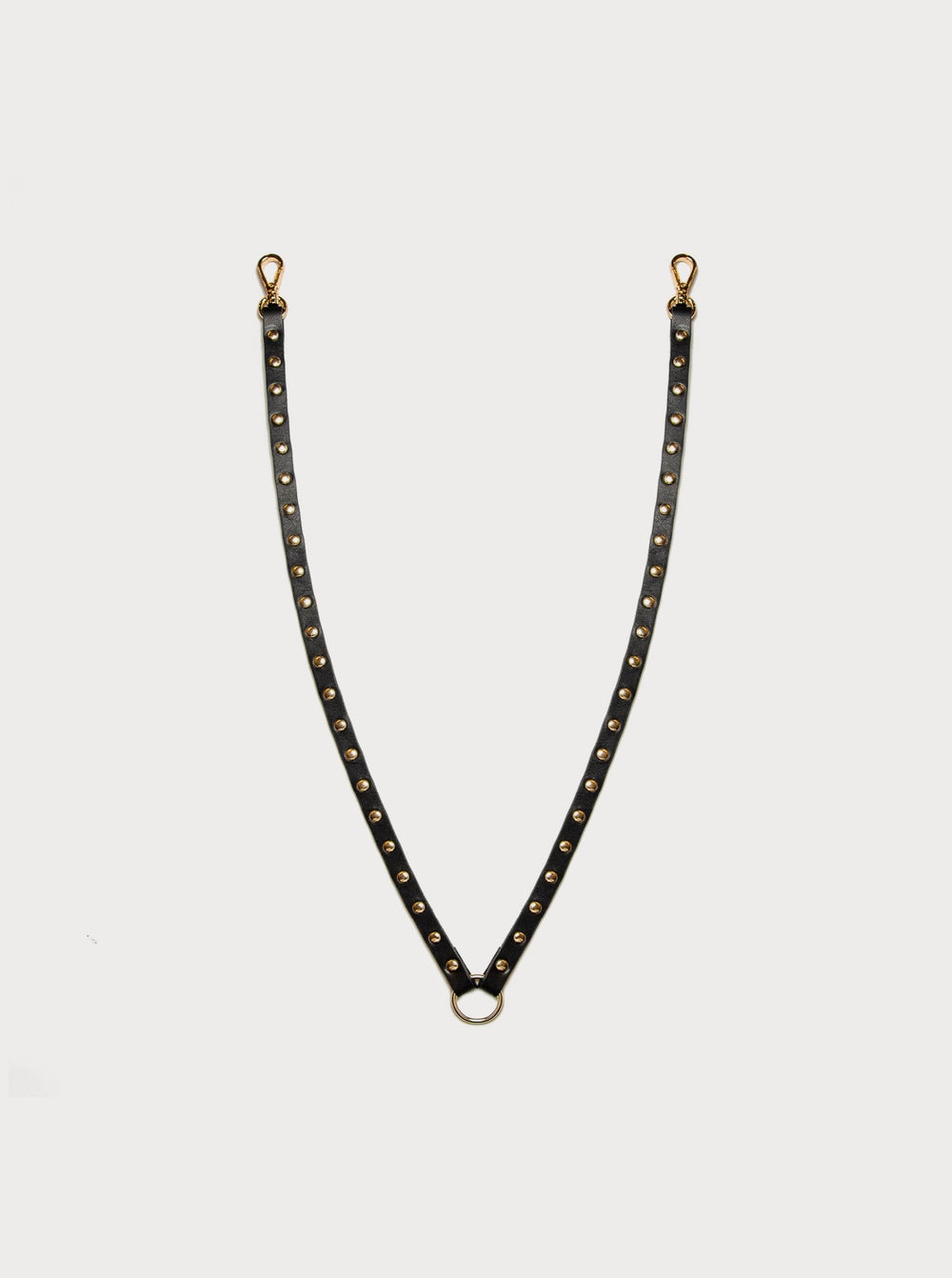 yvy black leather neck strap with gold rivets and hardware