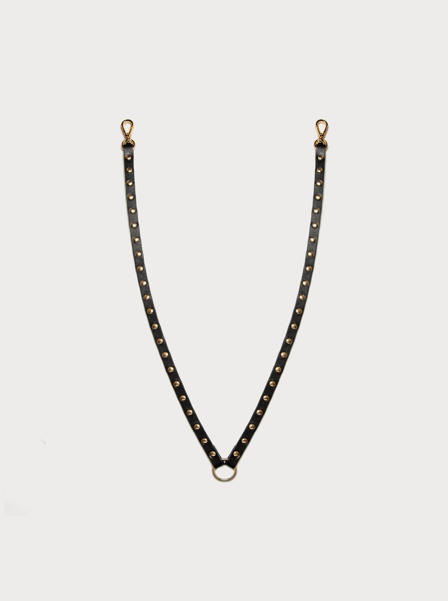 yvy black leather neck strap with gold rivets and hardware