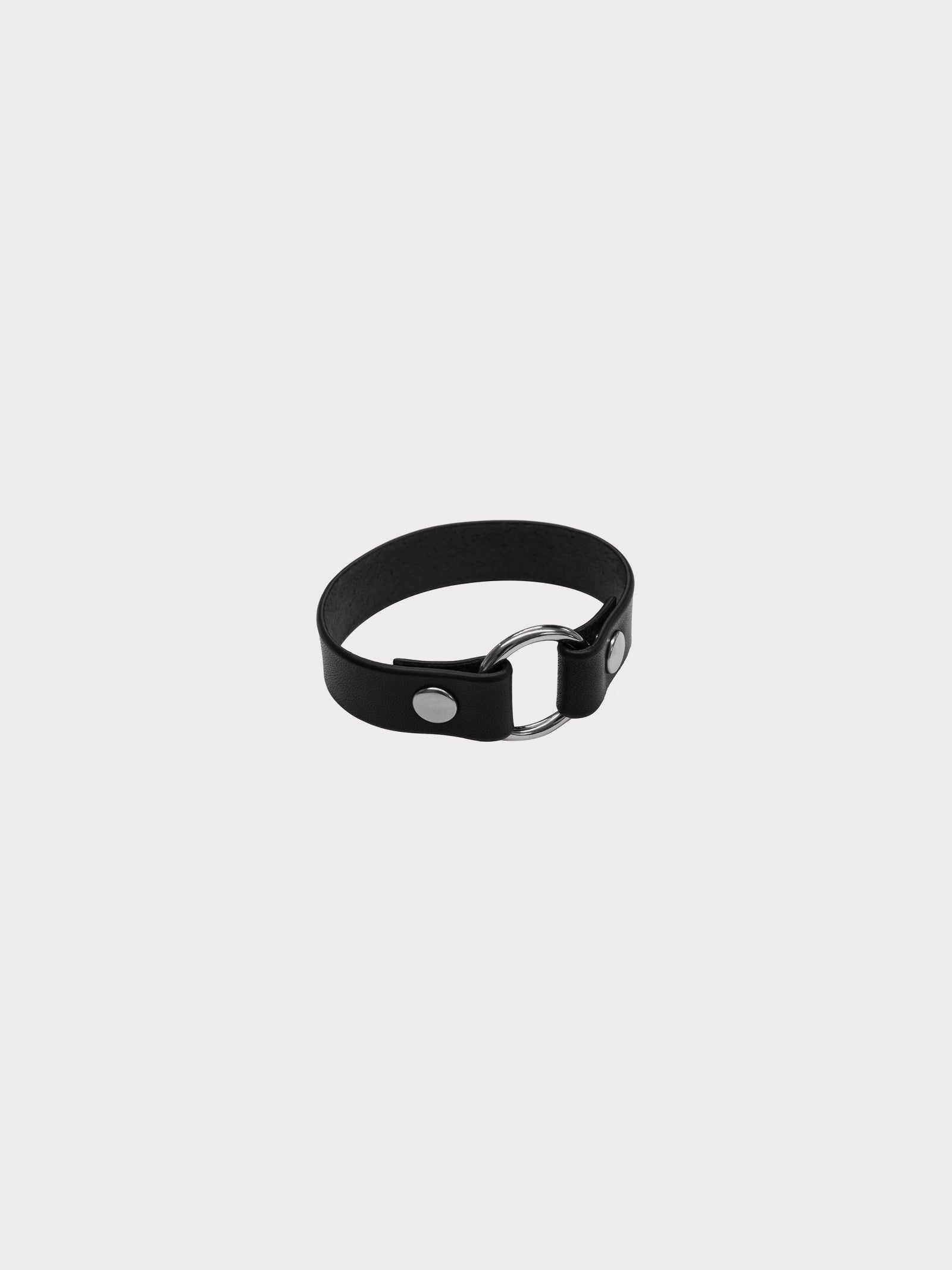 black leather yvy bracelet with ring detail and silver hardware
