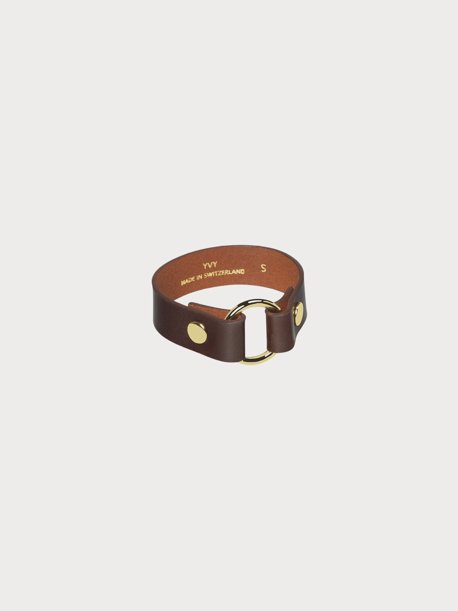 brown leather yvy bracelet with ring detail and gold hardware