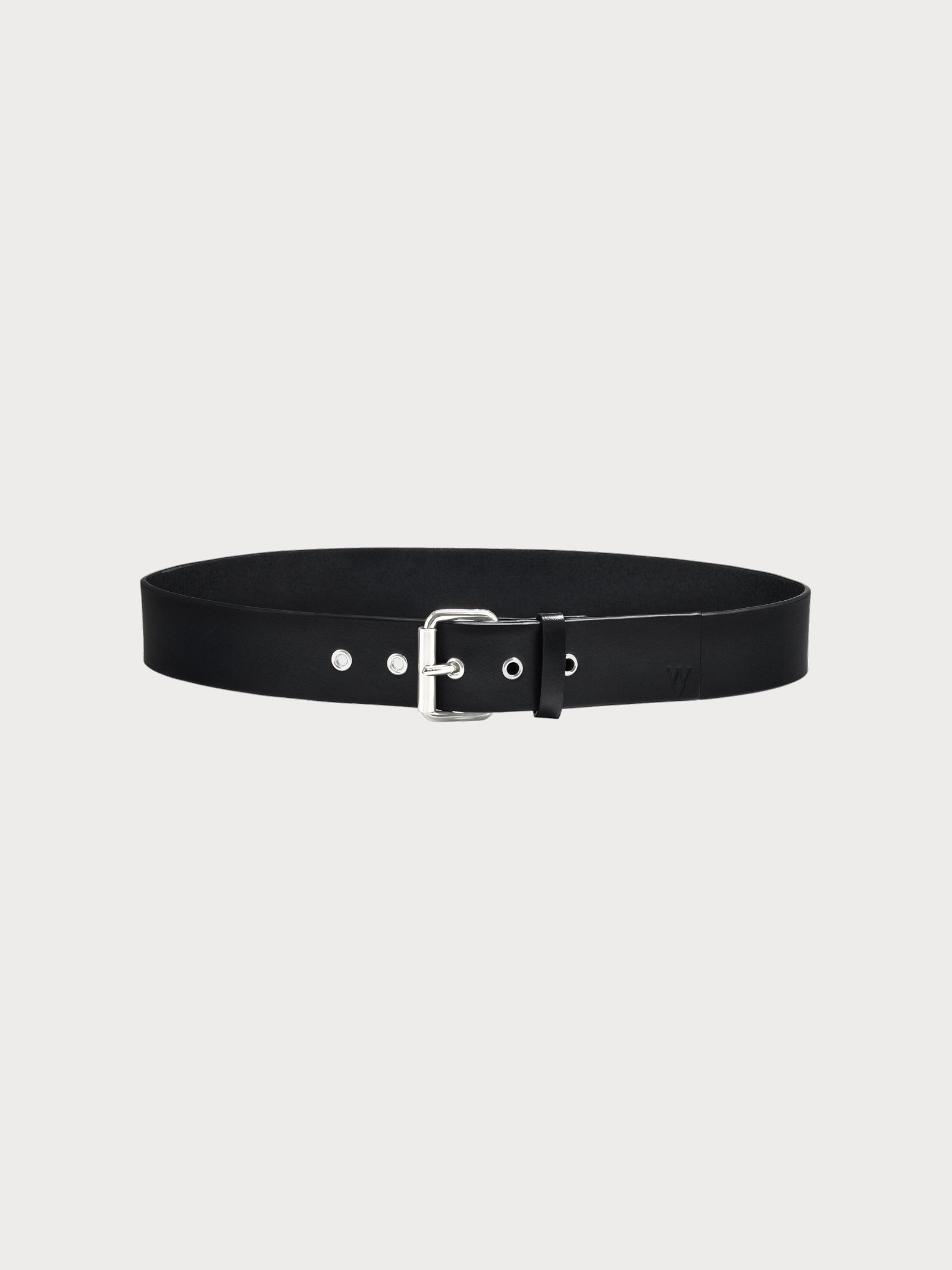 yvy leather thin buckle belt 5 in black with silver hardware