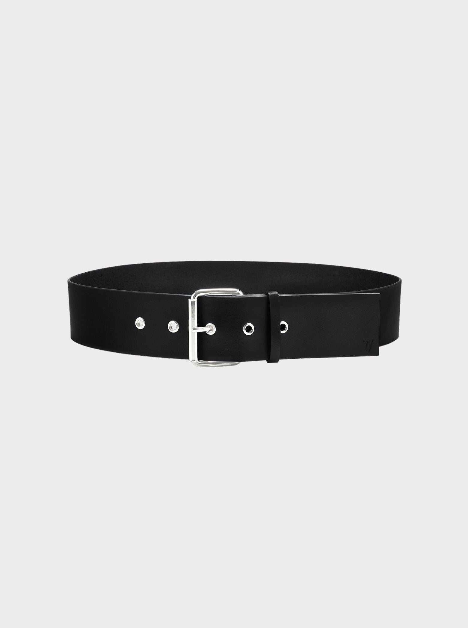yvy leather wide buckle belt 5 in black with silver hardware