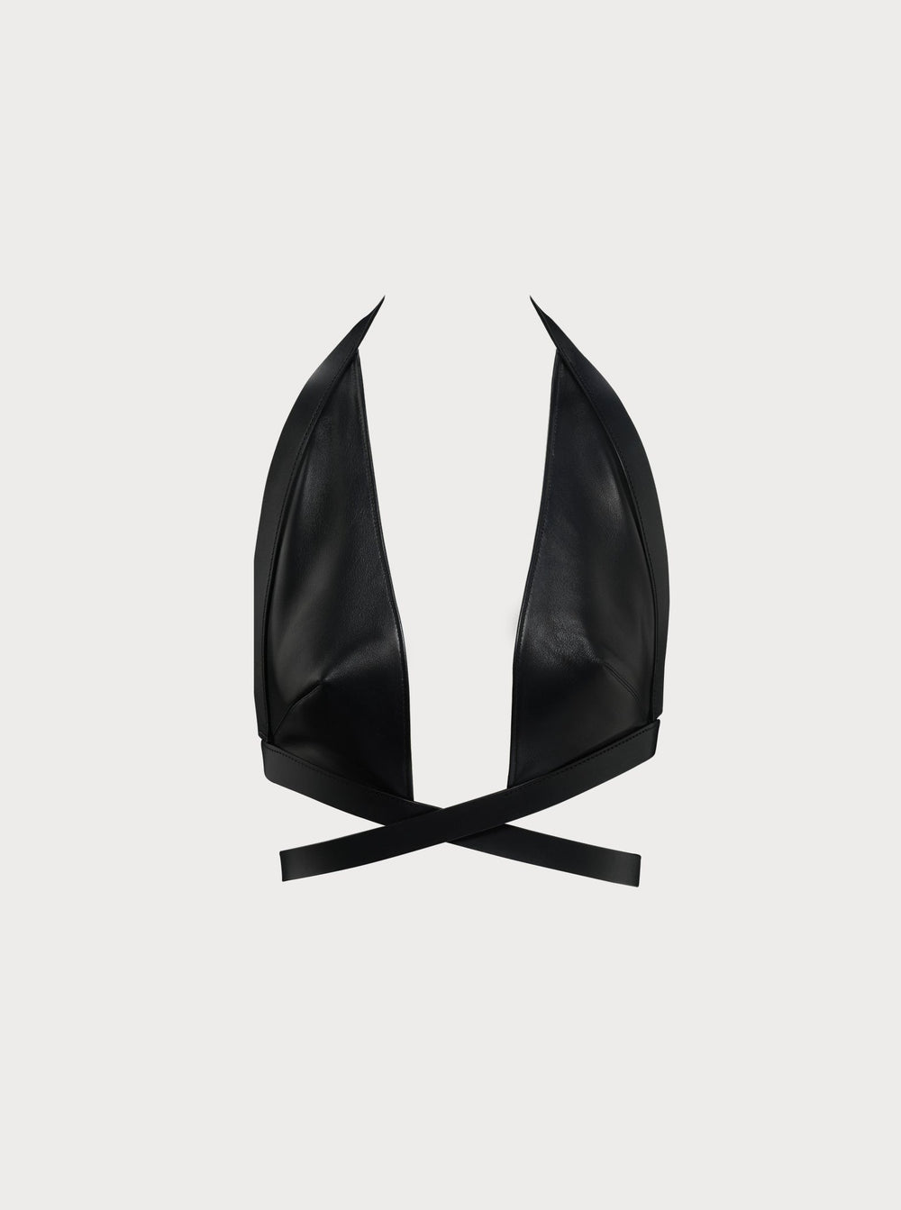 front view of black yvy leather wrap bra