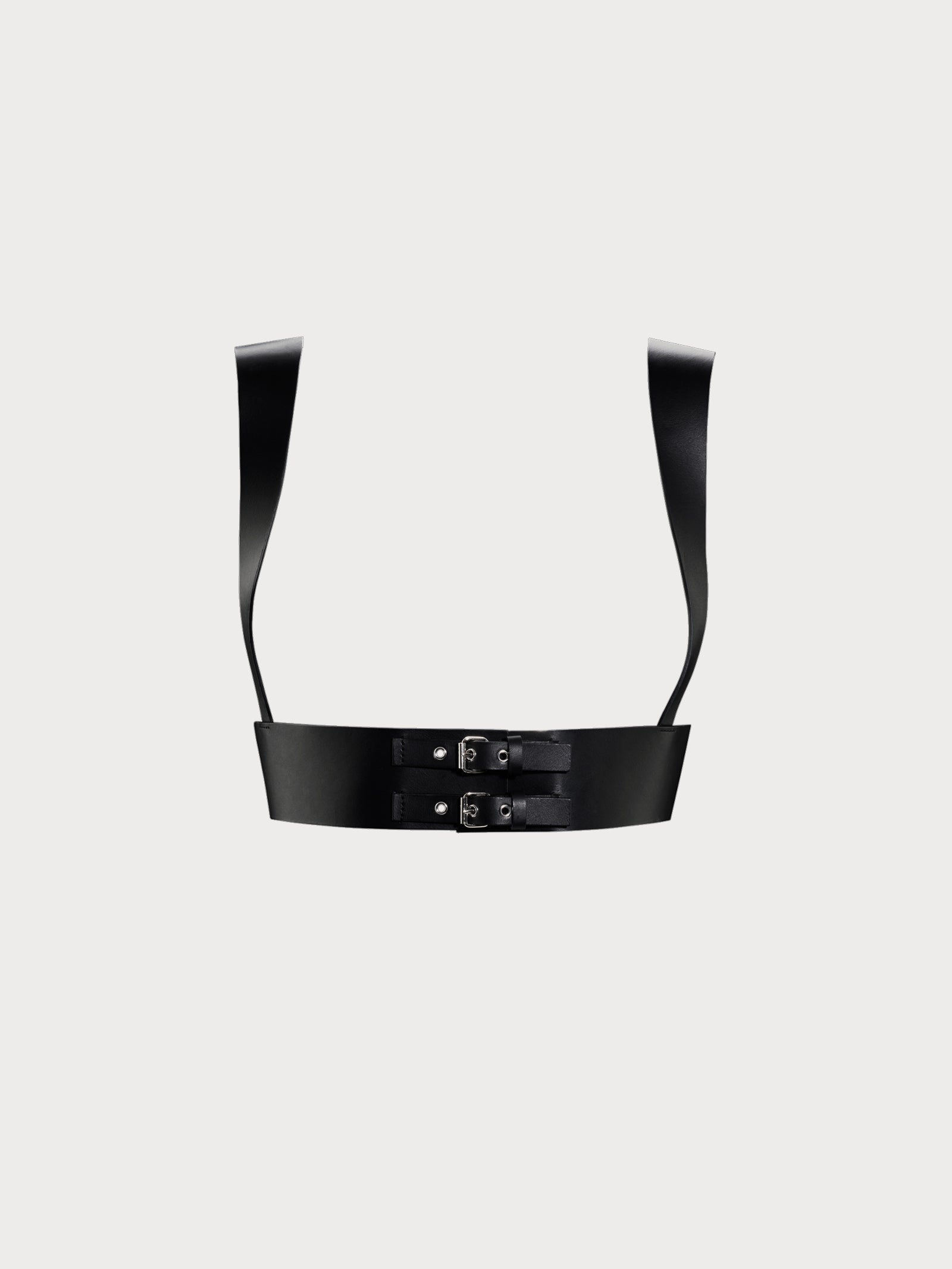 Front view of yvy leather uni vest in black, featuring double buckle with silver hardware