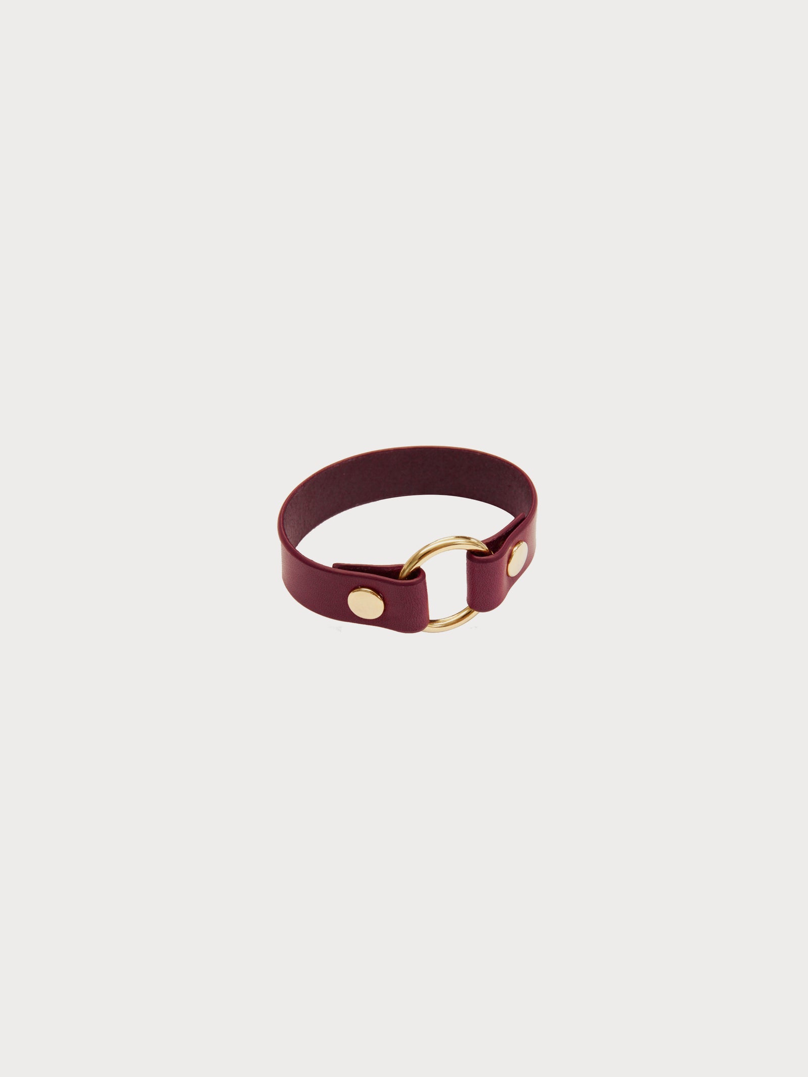 bordeaux leather yvy bracelet with ring detail and gold hardware