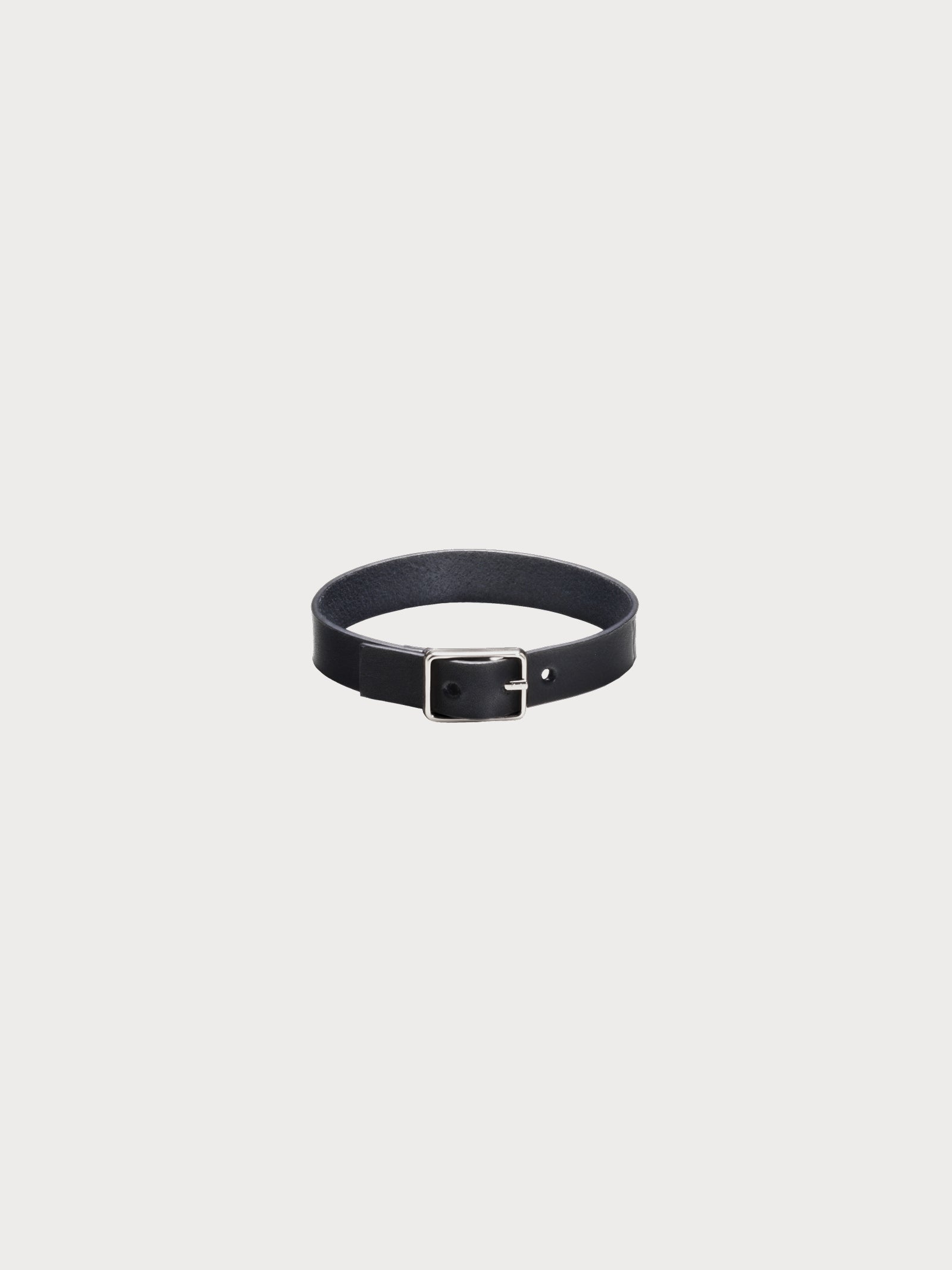 minimalist black leather yvy bracelet with silver buckle
